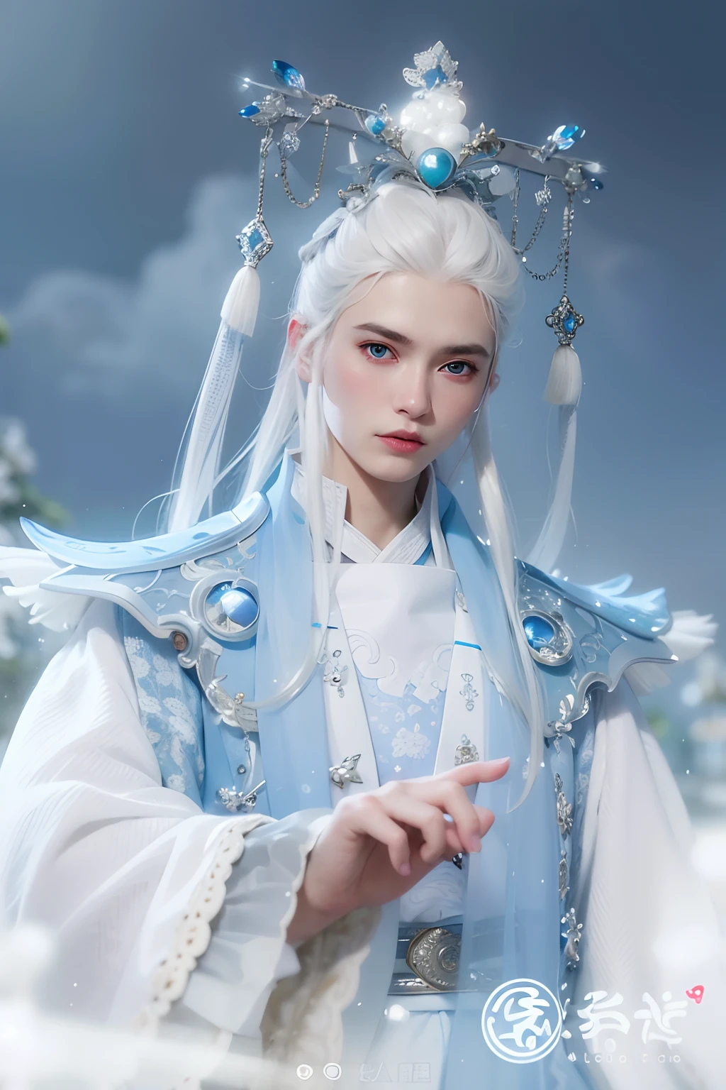 There is a ball joint doll with white hair and white skirt, anime barbie in white, Palace ， A girl in Hanfu, dreamy and detailed, guweiz masterpiece, White-haired god, ball jointed doll, Guviz, dollfie dream, Porcelain white skin, Guviz-style artwork, valentine，Delicate headgear，blue color eyes，The photo is clear，blue colored eyes，long eyelasher，Hanfu long skirt，A boy in Hanfu, dreamy and detailed,ball jointed doll,valentine，largeeyes，Red eye shadow，rosy lips，Lord Priest，