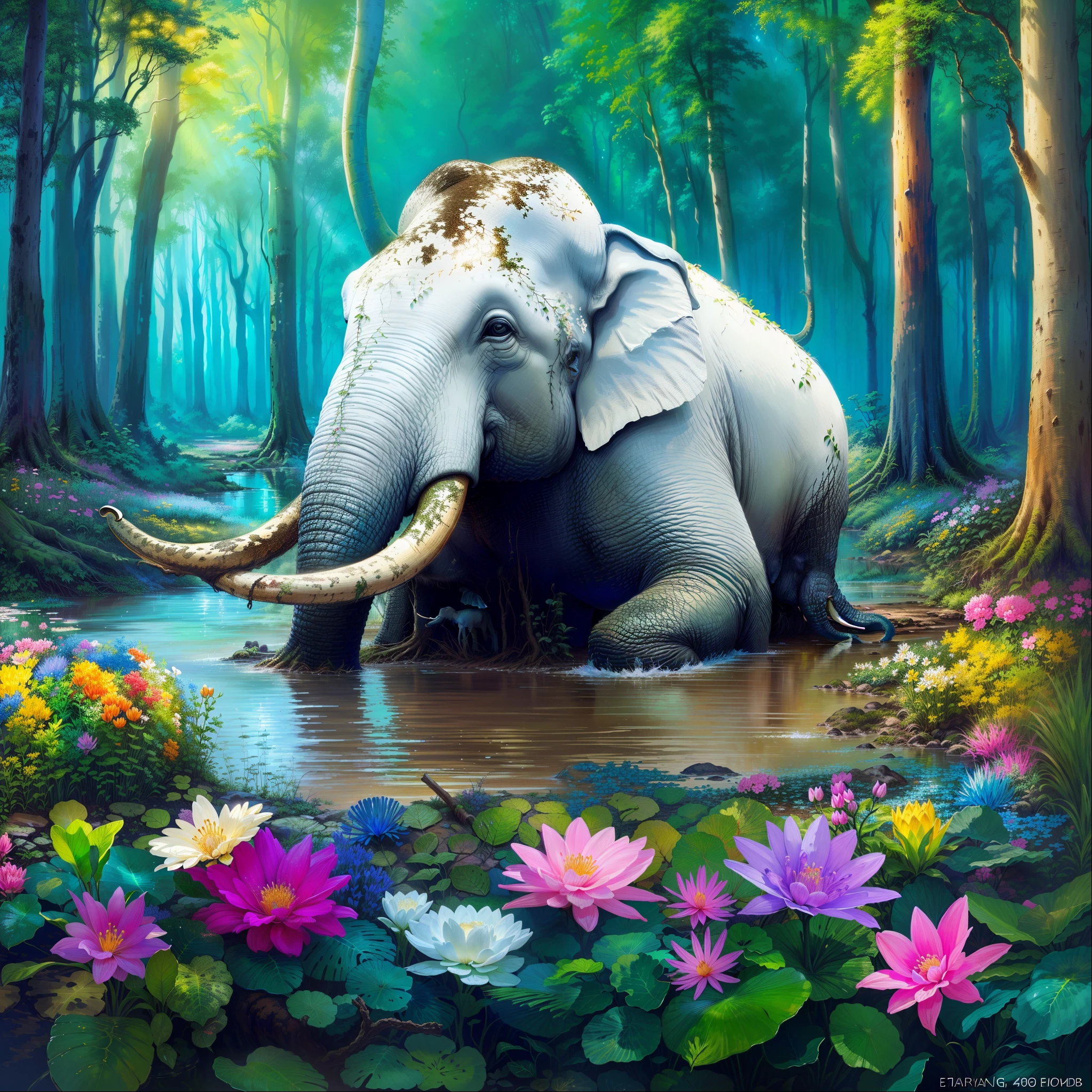 painting of an elephant in a forest with flowers and water, colored elephant art, very beautiful digital art, beautiful digital painting, beautiful digital artwork, beautiful nature, beautiful digital art, beautiful art uhd 4 k, beautiful gorgeous digital art, hd digital painting, really beautiful nature, hd wallpaper, cute elephant, very beautiful photo, fantasy painting hd, high quality digital painting