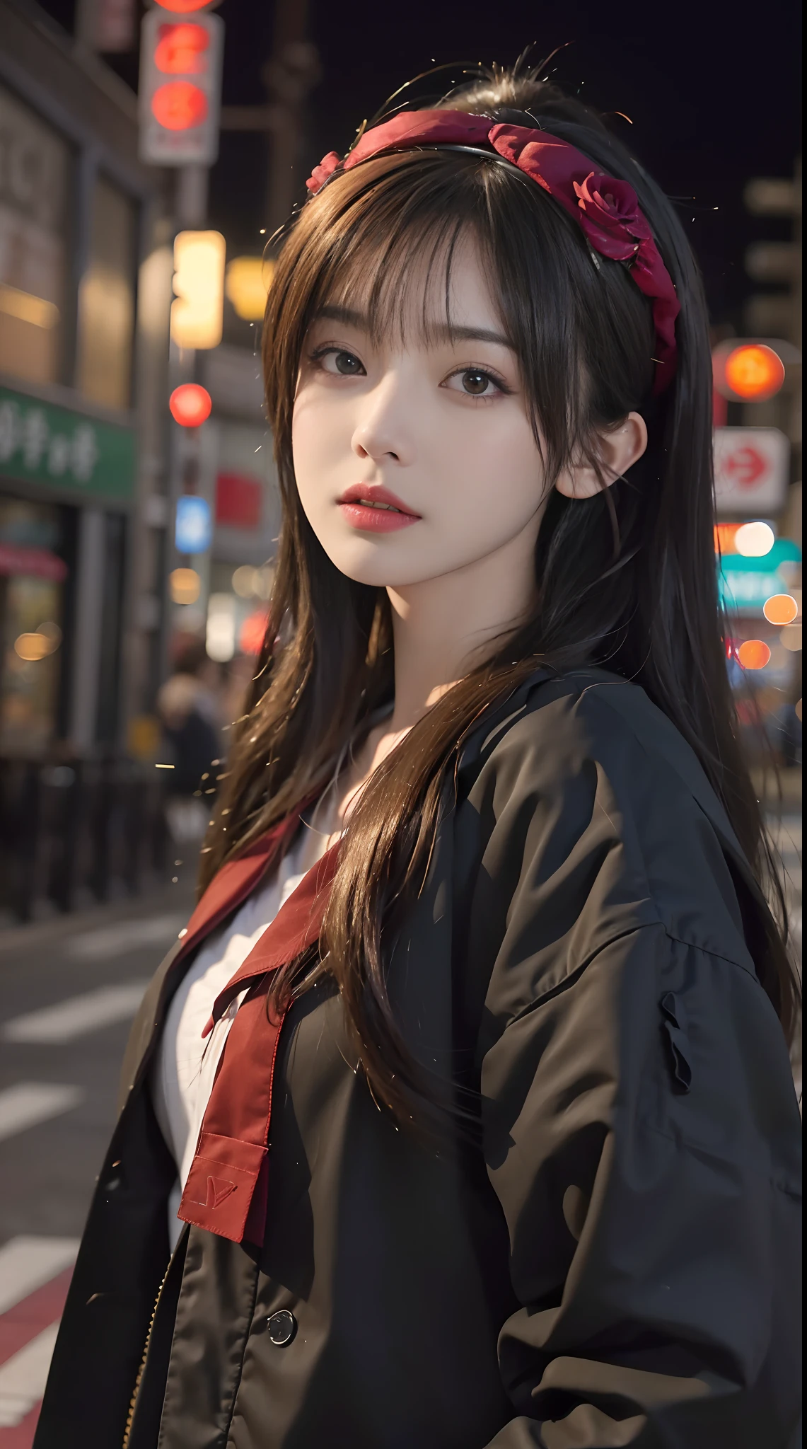 1girl, Tokyo street,night, cityscape,city lights, upper body,close-up, 8k, RAW photo, best quality, masterpiece,realistic, photo-realistic,headgear of red rose, parted bangs, long hair,