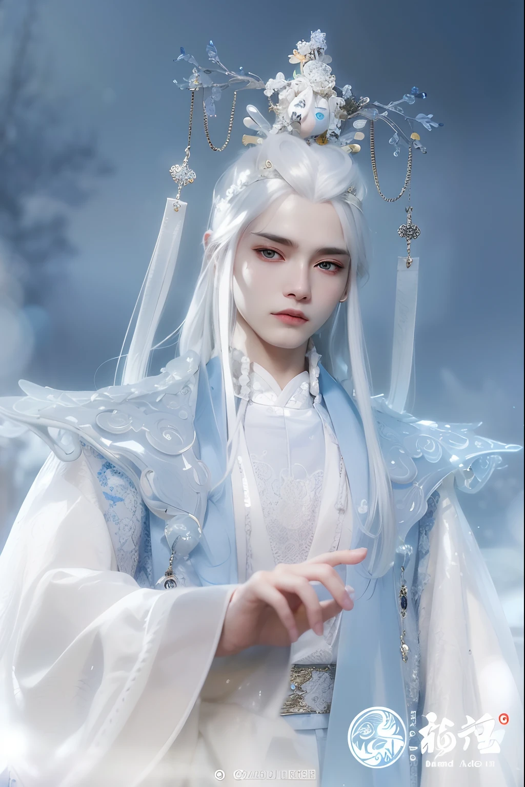 A doll with long white hair and wearing Hanfu, long  white hair, xianxia fantasy, white-haired god, White Hanfu, detailed white long hair, Cai Xukun, heise jinyao, Beautiful androgynous prince, Delicate androgynous prince, Inspired by Bian Shoumin，blue color eyes，long eyelasher