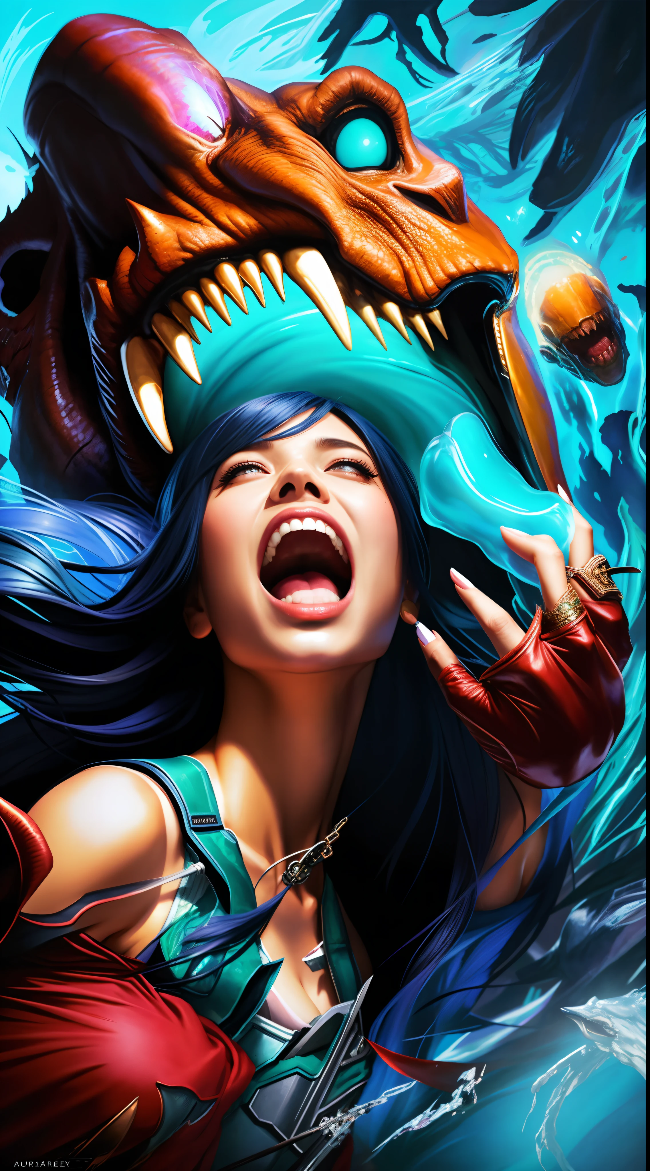 Arafed woman with a big mouth and a huge monster head, epic full color illustration, inspirado em Aleksi Briclot, epic digital art illustration, full-colour illustration, arte colorida do filme, Artgerm Julie Bell Beeple, Arte de Alessandro Pautasso, arte de fantasia digital colorida, Rossdraw e Boris Vallejo, full art illustration