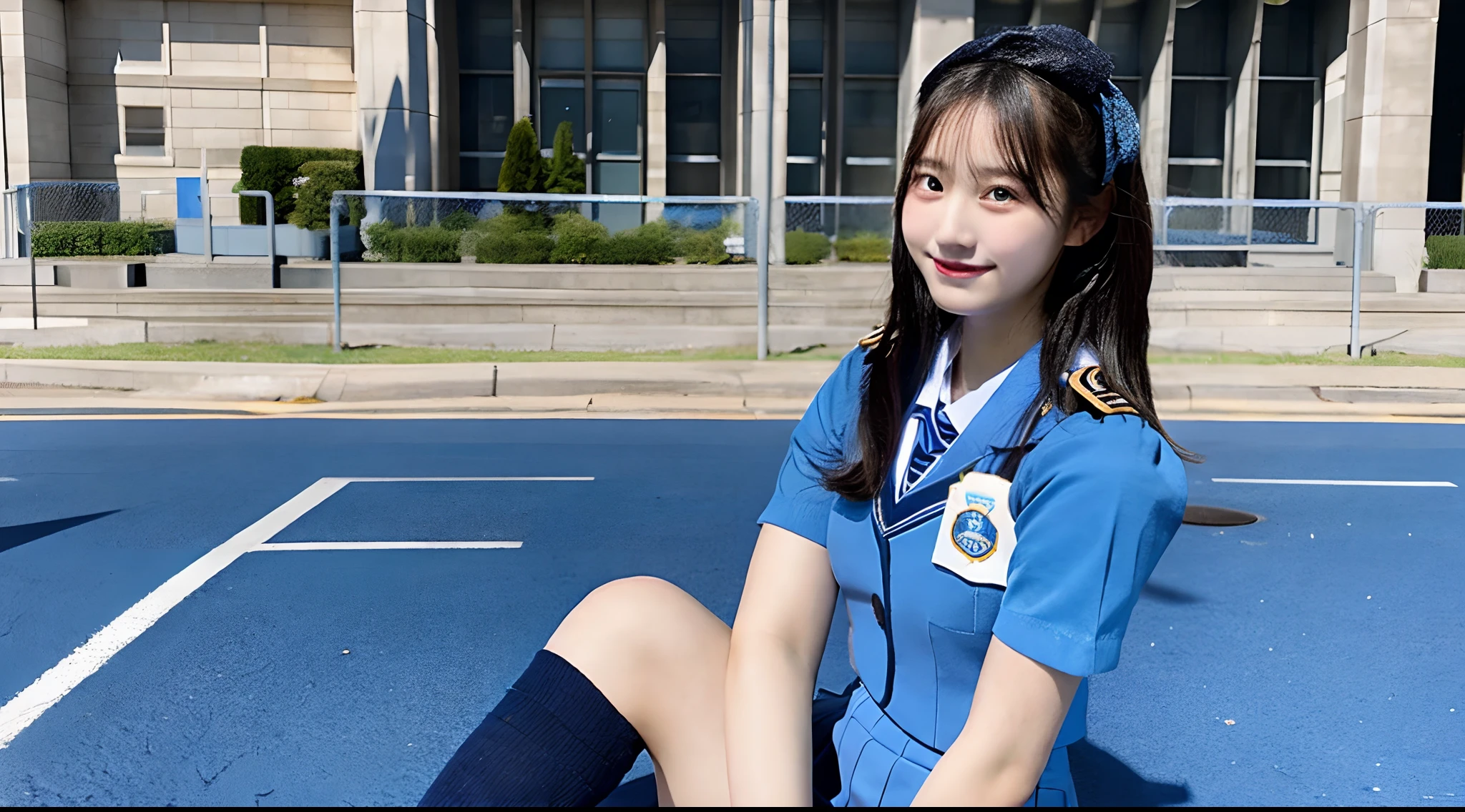 Miniskirt beauty police officer in light blue uniform