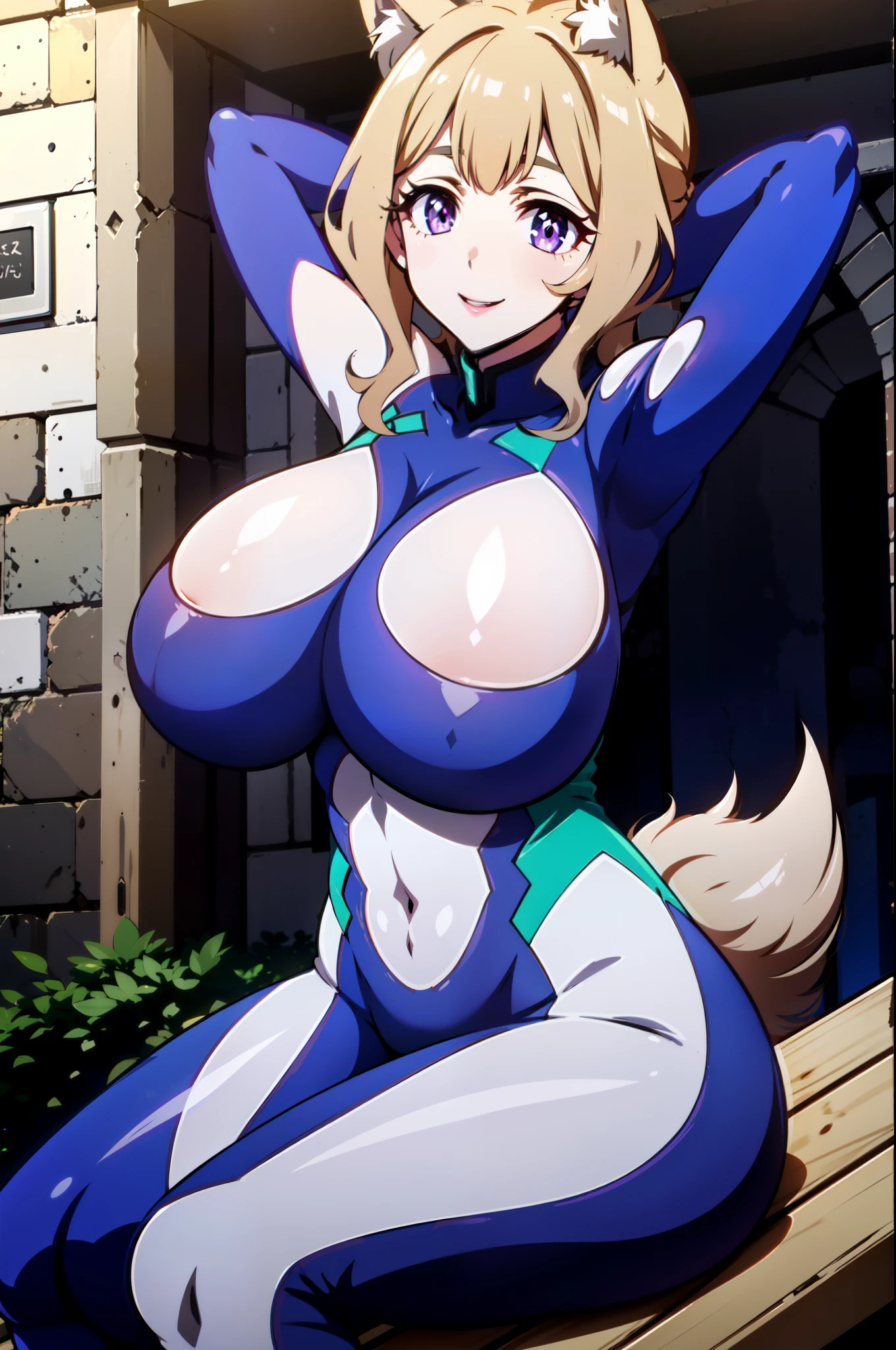 masterpiece, best quality, extremely detailed, 1girl, mature female, solo, torino_kazami, (white skin:1.8), (gigantic breasts:1.3), (((white hair, very long hair, crossed bangs, purple eyes, slit pupils, wolf ears))), parted lips, (((fortified_suit, green plugsuit))), naughty smile, (closed mouth), ((arms behind head, sitting on the bench, dystopian city))