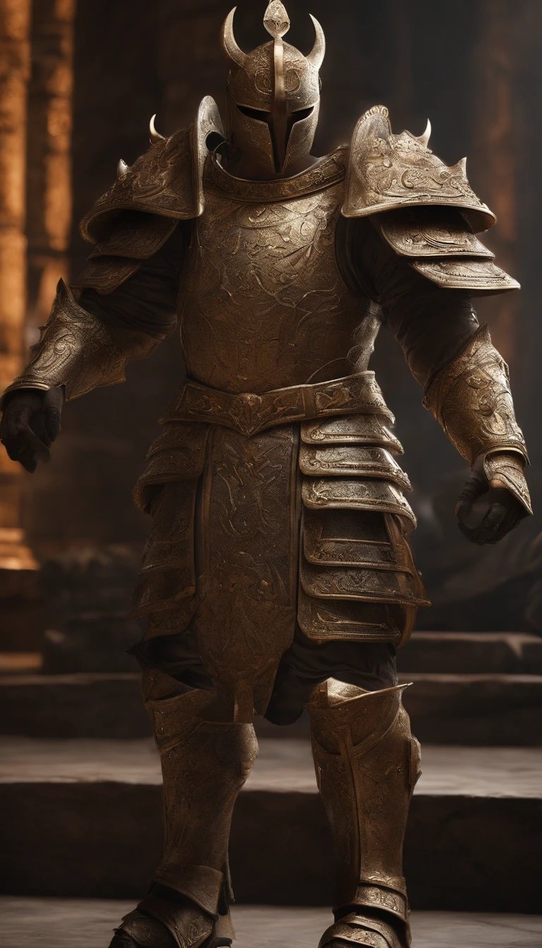 terracotta warriors, concept-art,, Fantasy art, Zen temple background, clean render, a horned, Wear a suit of armor, Detailed bushido form smoke, helmet of a forgotten deity, character is standing, 8k Realistic, in game render, detailed face background detail, Art station front page, taur, Pseudo-medieval fantasy, A deity wearing koi armor, detailed bronze armor, Bronze armor, golden etched armor, gold obsidian armor, Light gold armor, Gorgeous filigree armor, A demonic warrior, Gorgeous armor full of thorns, Intricate assasin armor, Intricate metal armor, powerful warrior, Dressed in gorgeous gold armor,Decorated with intricate patterns, The helmet has a large crown and two horns, Everything is in the dark, The smoky background hints at the battle scene, Add an ominous aura to his character,The Demon's Giant Demon Wings,submission, Full body shot.