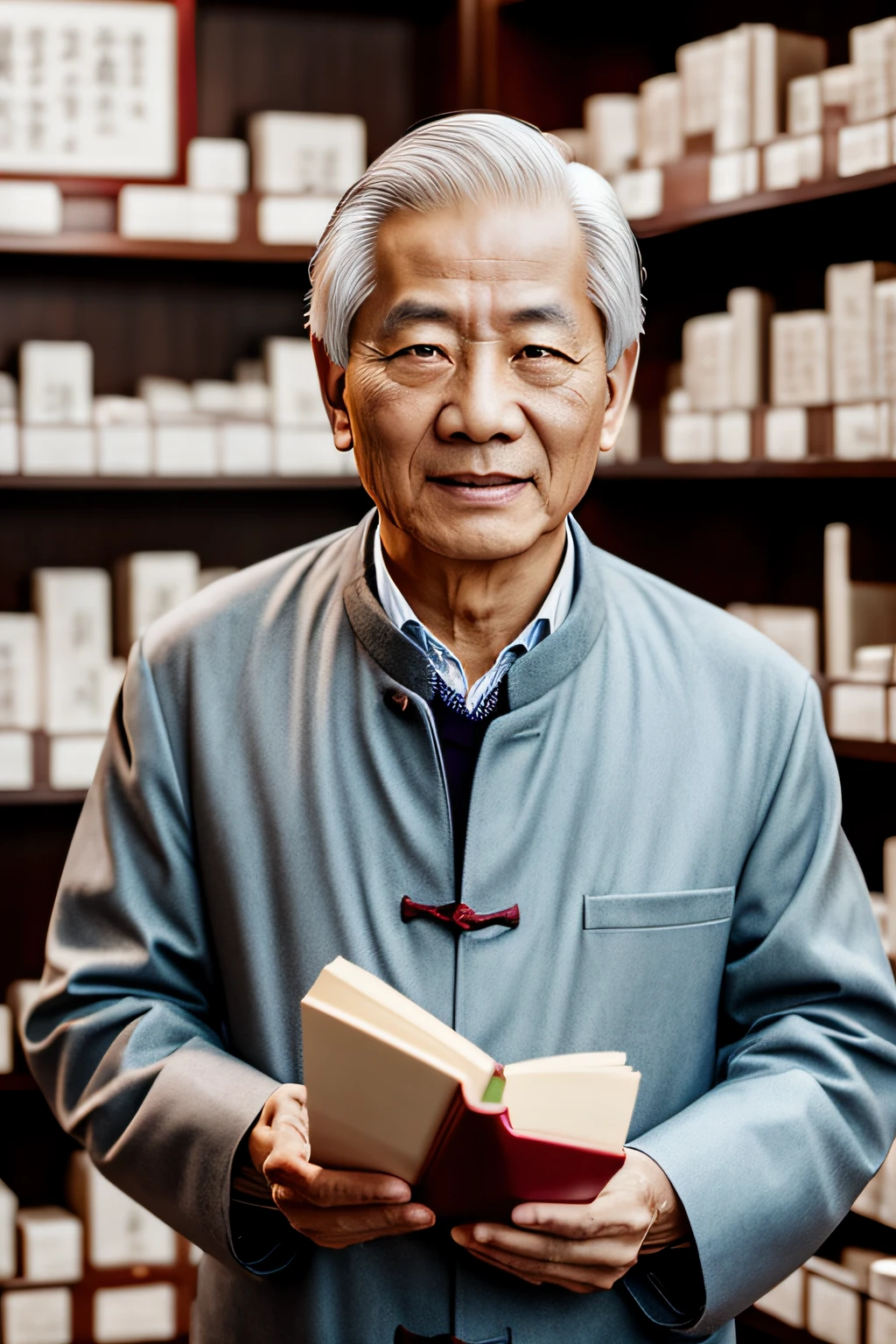 Chinese image,Real frontal photos,Authentic background,Pharmacy background,holding books,Manteau blanc,Face full of wrinkles,TCM image,Wise eyes,male people
