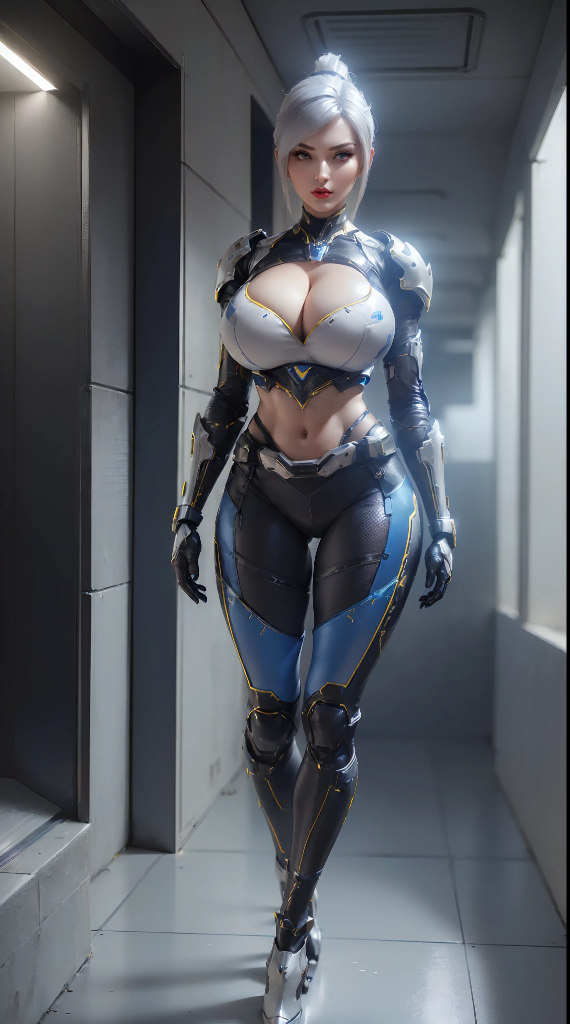 (1GIRL,SOLO:2), (super detailed face), ((BIG BUTTOCKS, HUGE FAKE BREASTS:1.3)), (CLEAVAGE TOP:1.5), (11 LINE ABS FEMALE:1.4), (MECHA GUARD ARM:1.4), ((WEAR SILVER BLUE OVERWATCH MECHA ARMORED CROP TOP, BLACK MECHANICAL SKINTIGHT SUIT PANTS, MECHA GUARD ARMOR LEGS, HIGH HEELS:1.5)), (LEWD VOLUPTUOUS BODY:1.3), (GLOWING SKIN:0.8), (LONG LEGS, FULL BODY:1.1), (LOOKING AT VIEWER:1.3), (female focus:0.886), (WALKING DOWN HALLWAY OF FUTURISTIC SPACE STATION:1), (BRIGHT LIGHT WHITEROOM:1.3), SUPER TEXTURE, UNREAL ENGINE RENDER, PHYSICALLY-BASED RENDERING, ULTRA HIGHT DEFINITION, 16K, 1080P.