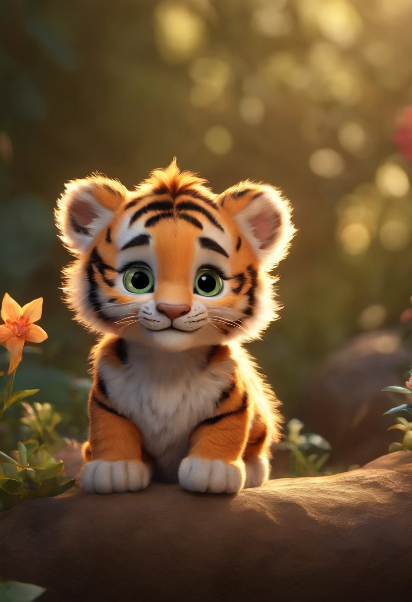 (Masterpiece), (Best quality), (Ultra-detailed), (full bodyesbian:1.2), Super cute, by Pixar, Baby Tiger, Big bright eyes, Fluffy, Smile, delicate and fine, Fairy tales, incredible high details, Pixar style, bright color palette, Natural light, rendering by octane, trending on artstationh, Gorgeous, ultra-wide-angle, 8K, HD, Realistic