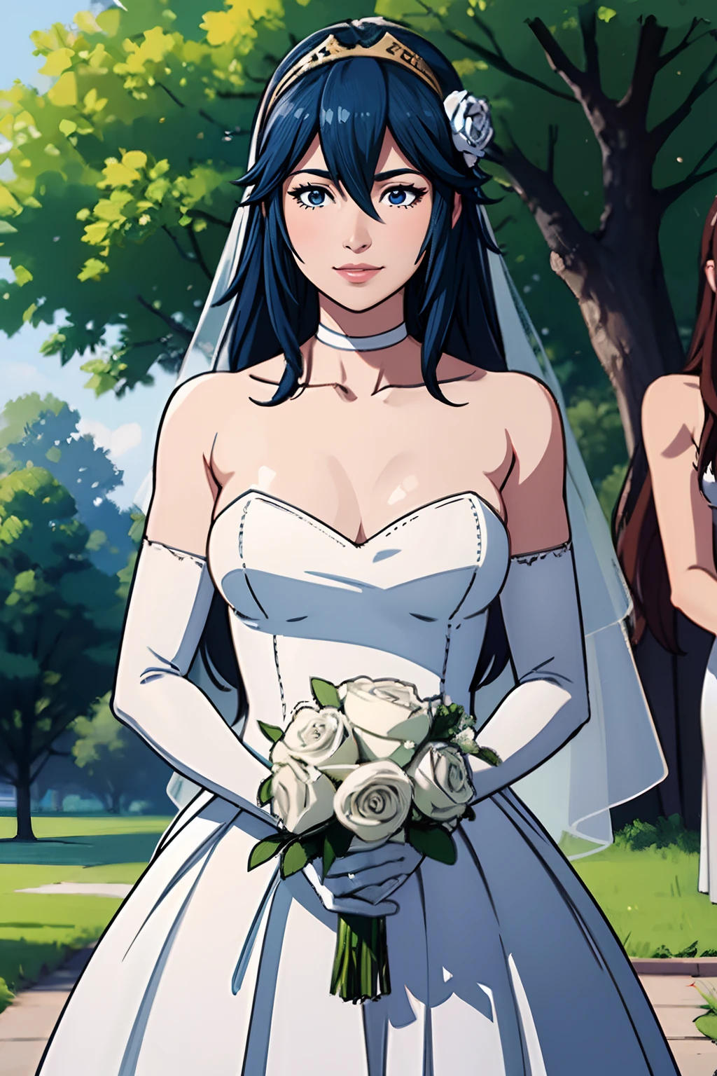 lucina fe, hair between eyes, ahoge, blue hair, star \(symbol\), hair ornament, dress, cleavage, bare shoulders, collarbone, long white elbow gloves, white gloves, white dress, white choker, strapless, tiara, veil, strapless dress, wedding dress, bridal veil, beautiful woman, perfect body, perfect breasts, wearing a wedding dress, ball gown, in the park trees, wedding decorations, a in love smile, realism, masterpiece, textured skin, super detail, high detail, high quality, best quality, 1080p, 16k