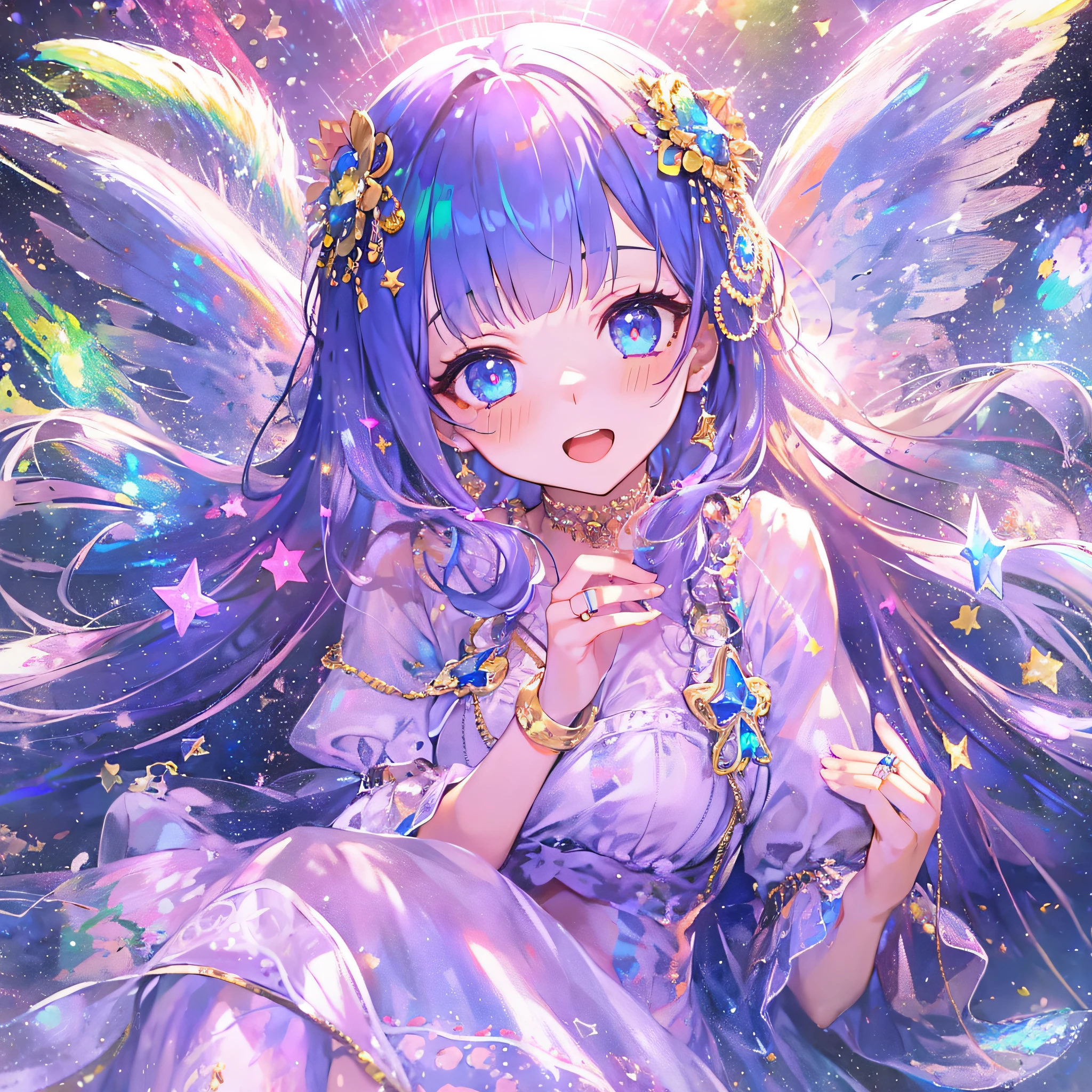 (masutepiece:1.3), (Best Quality:1.3), High resolution, Couboy Shot, on  back,Superb view、(One Cute Girl:1.3), Solo, huge smile、A ring of iridescent angels floats above my head、Angel Ring、Eight-headed body、Colorful starry sky,White dress、Pretend dress、Focus on the brightness of your eyes、sleepy expression、Life-size model、Super sleepy look、waking up、One eye closed、One eye is blocked、Arms raised and yawning loudly、Navel is visible、Purple hair, (bobhair:1.2), Mixed mesh and light blue、Short braids and hair, (Blunt bangs:1.2), Beautiful hair, Eyes are purple, Miraculous Eye、Close your eyes with all your might、Light from the eyes、Eyes are closed（1:4）Beautiful detailed eyes, ultradetailed eyes、Glitter eyes,from the rear、Colorful starry sky,Stars,Iridescent aura around the eyes、Stretch with your hands up、Lie down and stick your hips out、Iridescent eyes、Narrowed eyes sucked in,Wearing a rainbow-colored aura from the whole body、 Shadow lighting,perfectbody