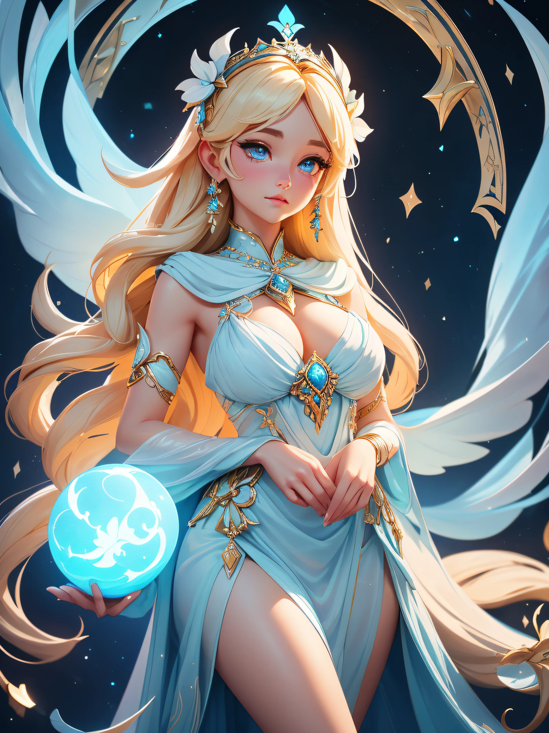 “A mesmerizing straight standing medium-body portrait of a beautiful Greek goddess ''Hestia'' holding a blue luminance ball. She is adorned in a long light blue long light dress. (She has long flowing blond hair and light blue eyes.) exude serenity and gentleness, reflecting her role as a peaceful and nurturing deity, intricate details, soft blue light around her. Soft and harmonious, peaceful aura. conveys the essence of Hestia as a guardian of the hearth and symbol of domestic harmony. 8k, HD, High Quality, mesmerizing, ethereal, heavenly light, shiny lights''.