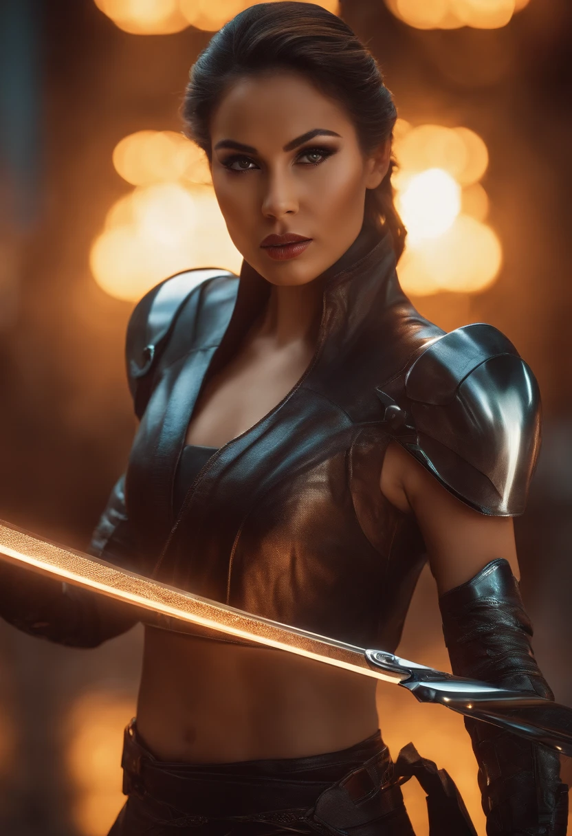 A woman in a leather outfit holding a sword in a dark room - SeaArt AI