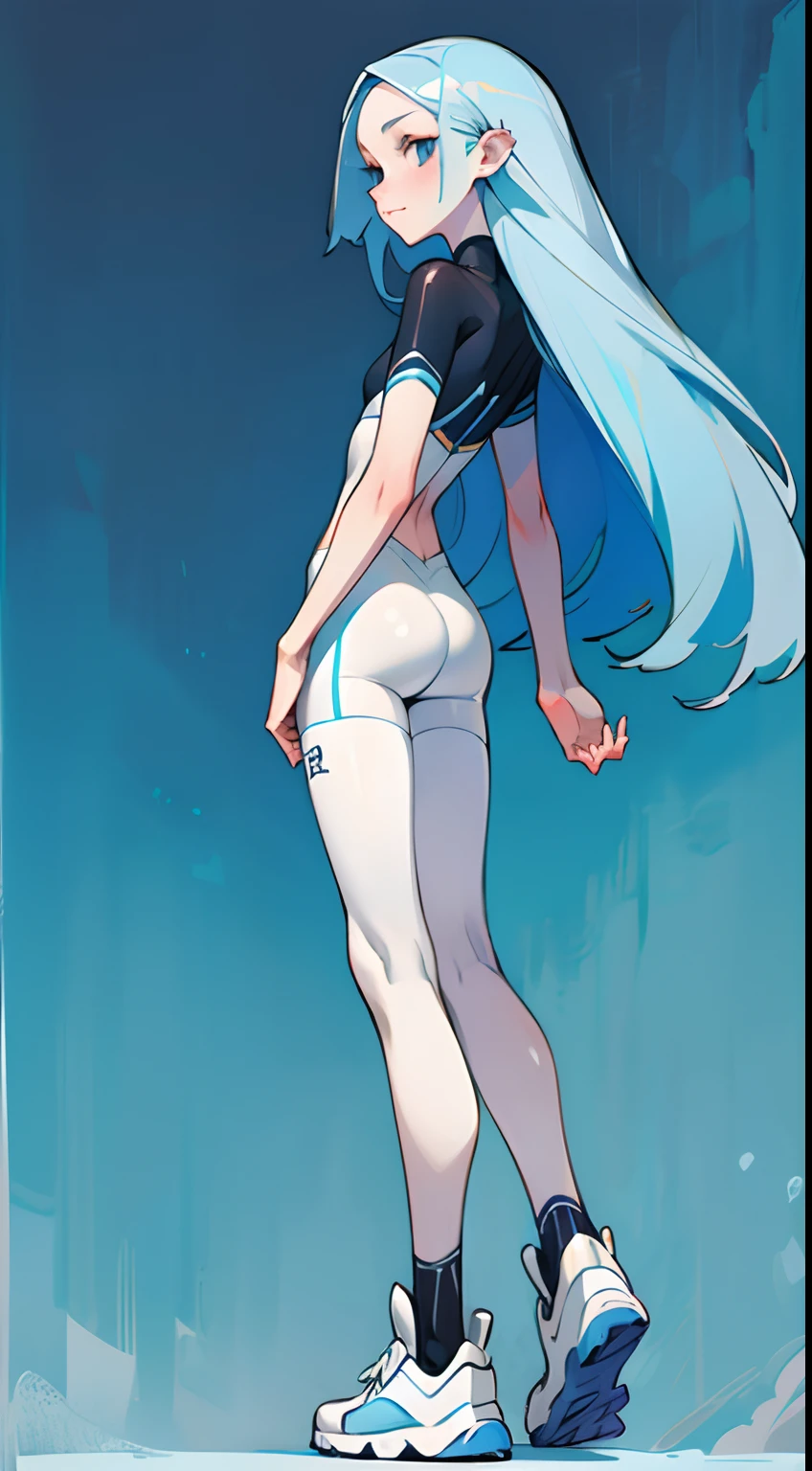 Girl with long thin blue hair, White Skin Skin, Vysokoch, Skinny, beatiful face, sharp facial features, little chest, In cycling shorts, white sneakers, stands upright, Full-length, ass