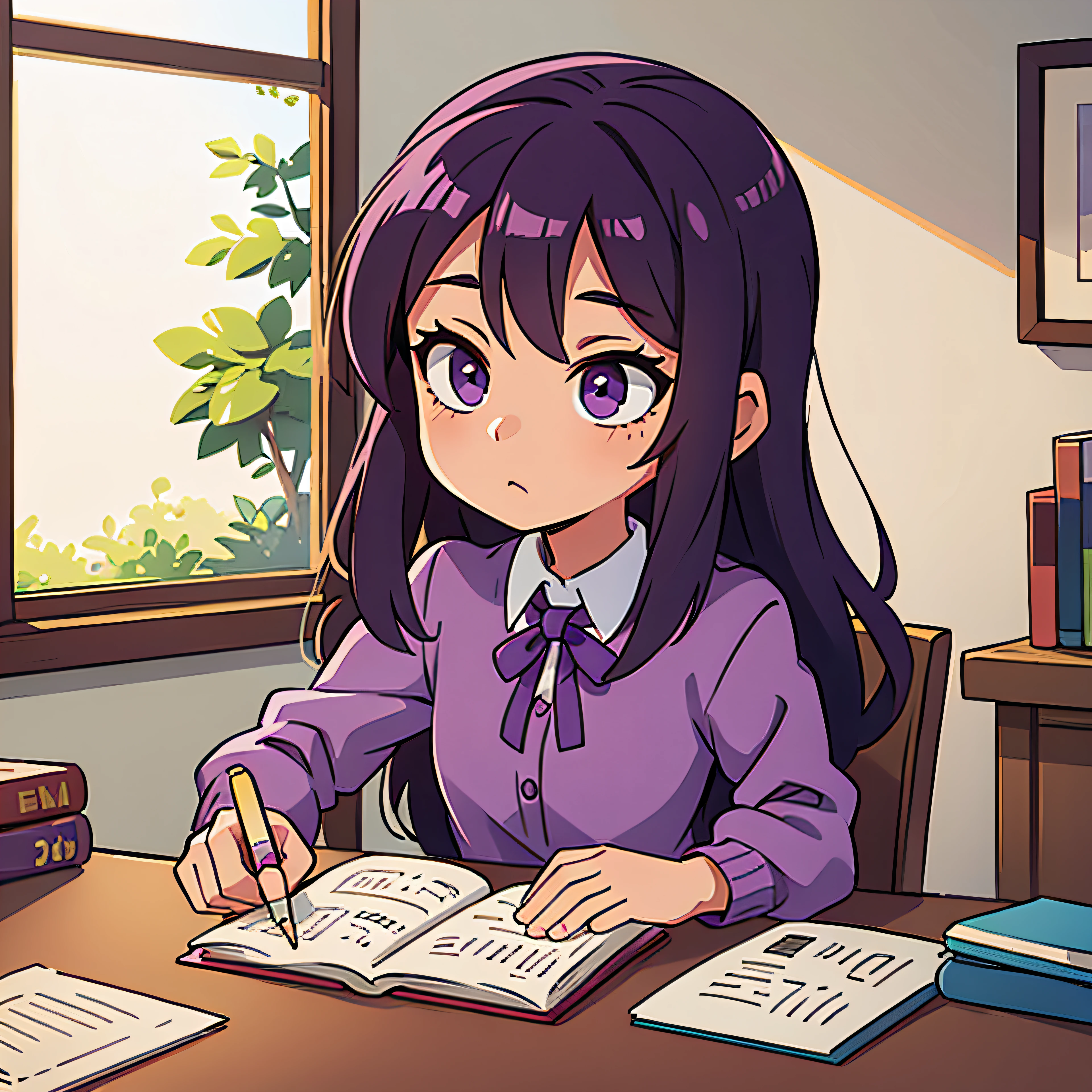Purple girl doing homework long hair