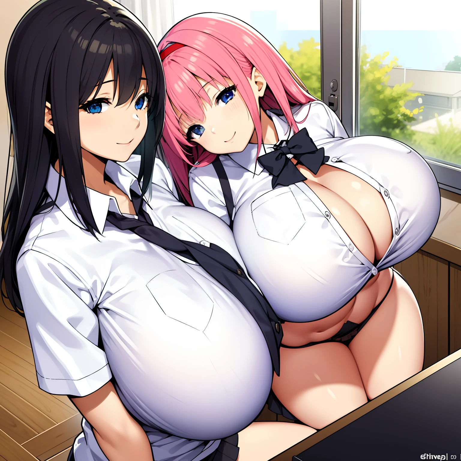 2girls,female high-school student,White student uniform,huge tit,ssmile,Be red in the face