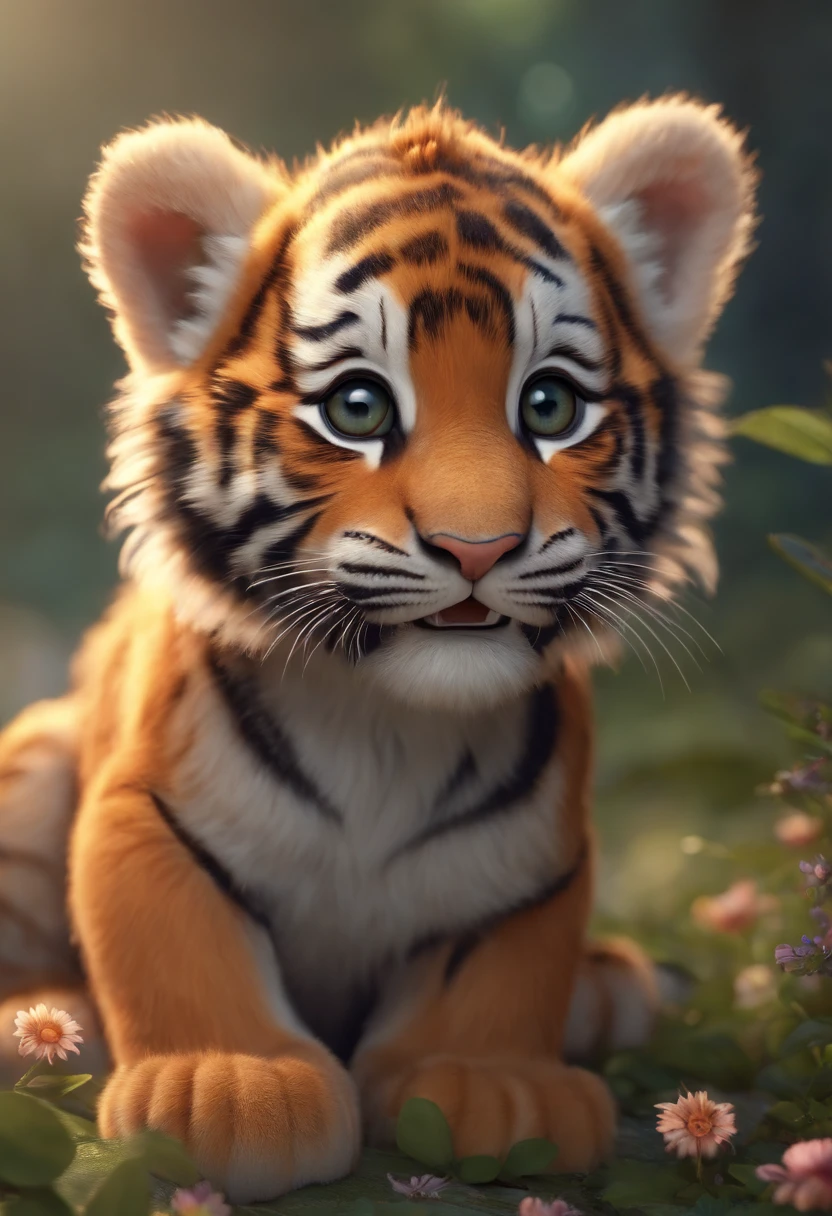 (Masterpiece), (Best quality), (Ultra-detailed), (full bodyesbian:1.2), Super cute, by Pixar, Baby Tiger, Big bright eyes, Fluffy, Smile, delicate and fine, Fairy tales, incredible high details, Pixar style, bright color palette, Natural light, rendering by octane, trending on artstationh, Gorgeous, ultra-wide-angle, 8K, HD, Realistic