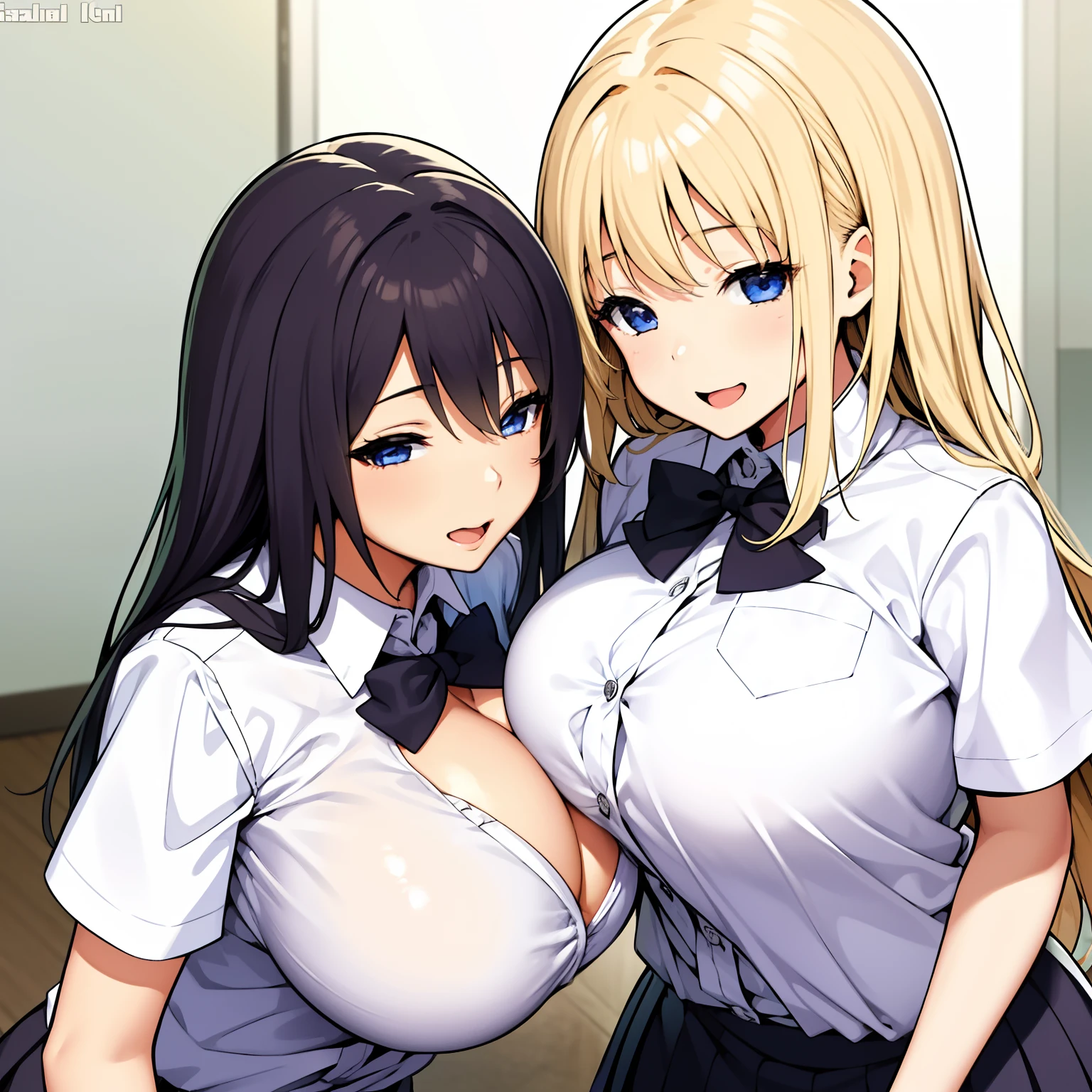 2girls，female high-school student，White student uniform，huge tit，ssmile，Be red in the face