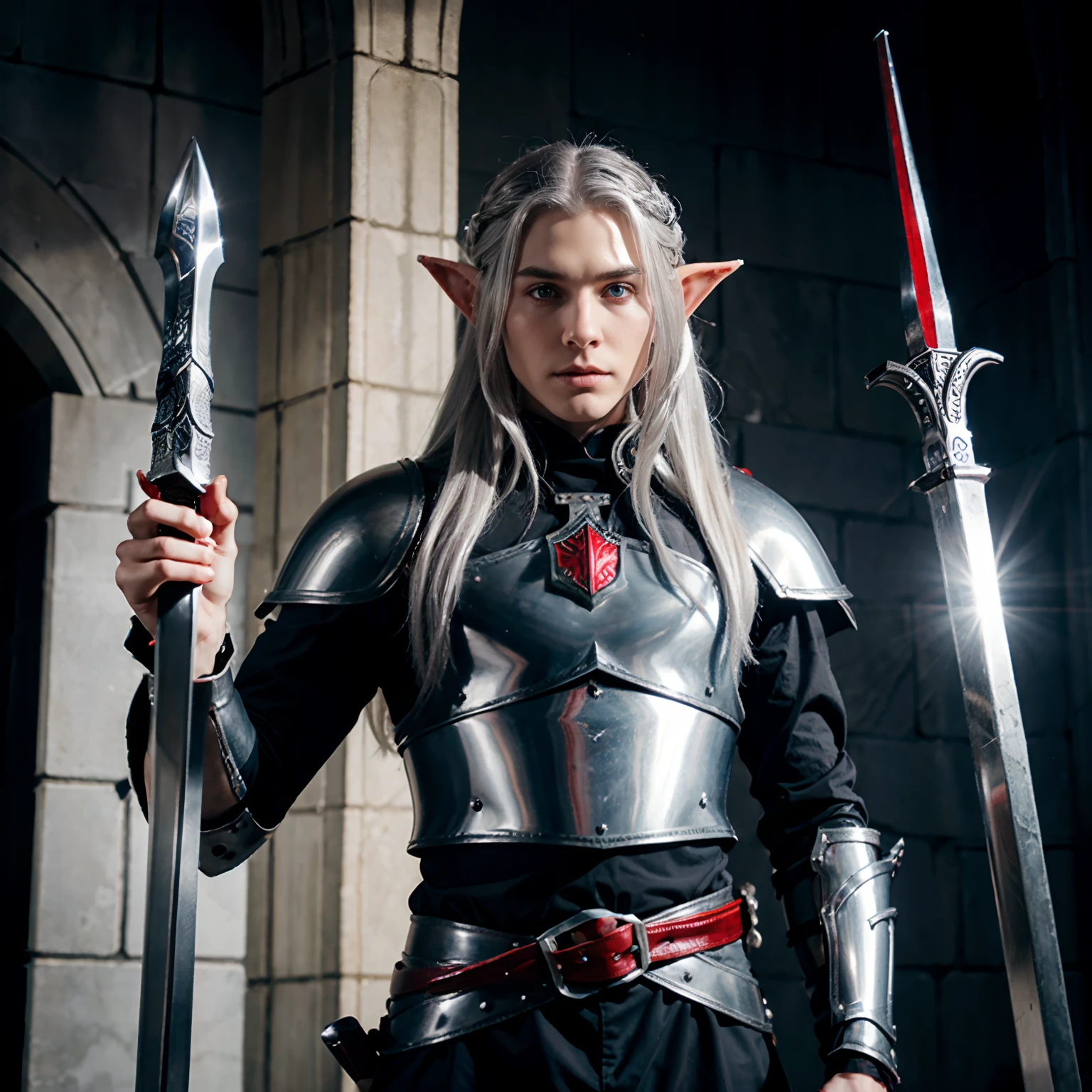 Elf male with pale gray skin, long silver hair, dressed in black leather armor with red accents, holding two swords of scarlet and blue