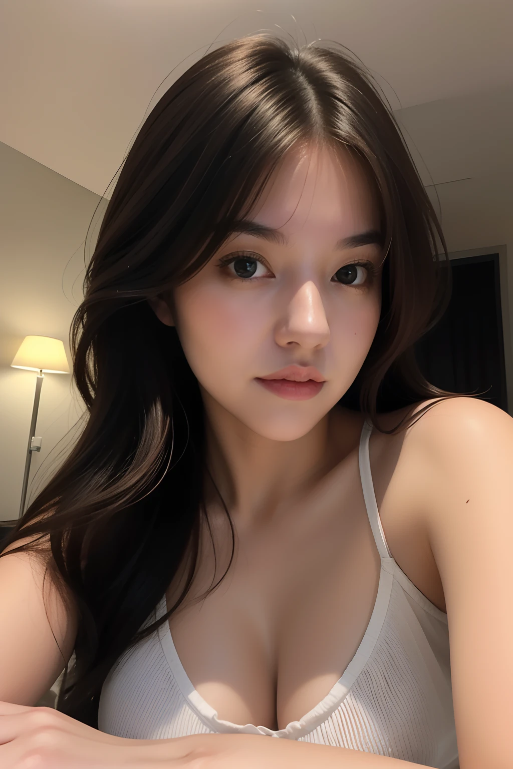 (masterpiece), (pov close up), best quality, masterpiece, (photorealistic:1.2), 1woman, vonzy selfie in bed, on sidepool at night, front view, realistic skin, (round face), curtain fringe messy hair, brown hair, human skin imperfection, blackout lighting