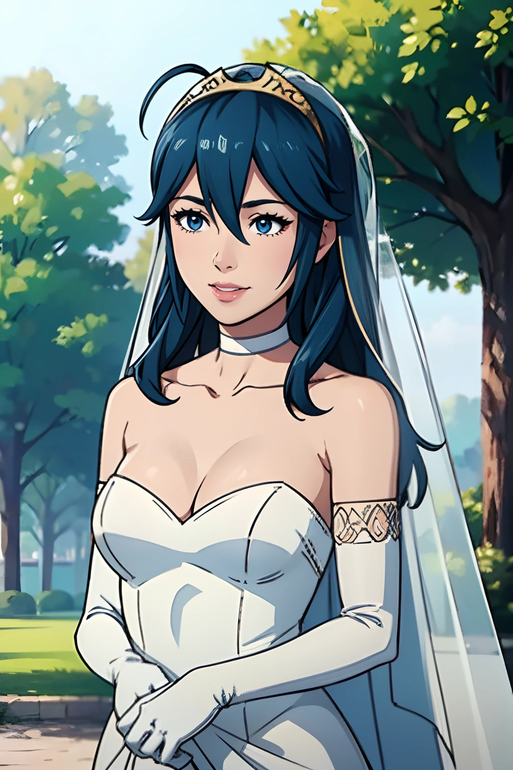 lucina fe, hair between eyes, ahoge, blue hair, star \(symbol\), hair ornament, dress, cleavage, bare shoulders, collarbone, long white elbow gloves, white gloves, white dress, white choker, strapless, tiara, veil, strapless dress, wedding dress, bridal veil, beautiful woman, perfect body, perfect breasts, wearing a wedding dress, ball gown, in the park trees, wedding decorations, a in love smile, realism, masterpiece, textured skin, super detail, high detail, high quality, best quality, 1080p, 16k