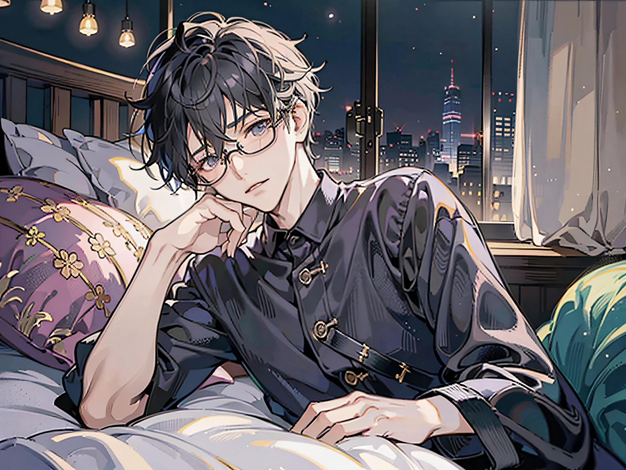 masutepiece, Best Quality, Boy in pajamas lying on bed, Solo, Short hair, finely eye and detailed face, Dark midnight background, Dimly lit bedroom, Glasses, resting on a pillow, Head on pillow, From Side, look at viewr, full-body view,Dynamic Angle,Hairstyle a little longer