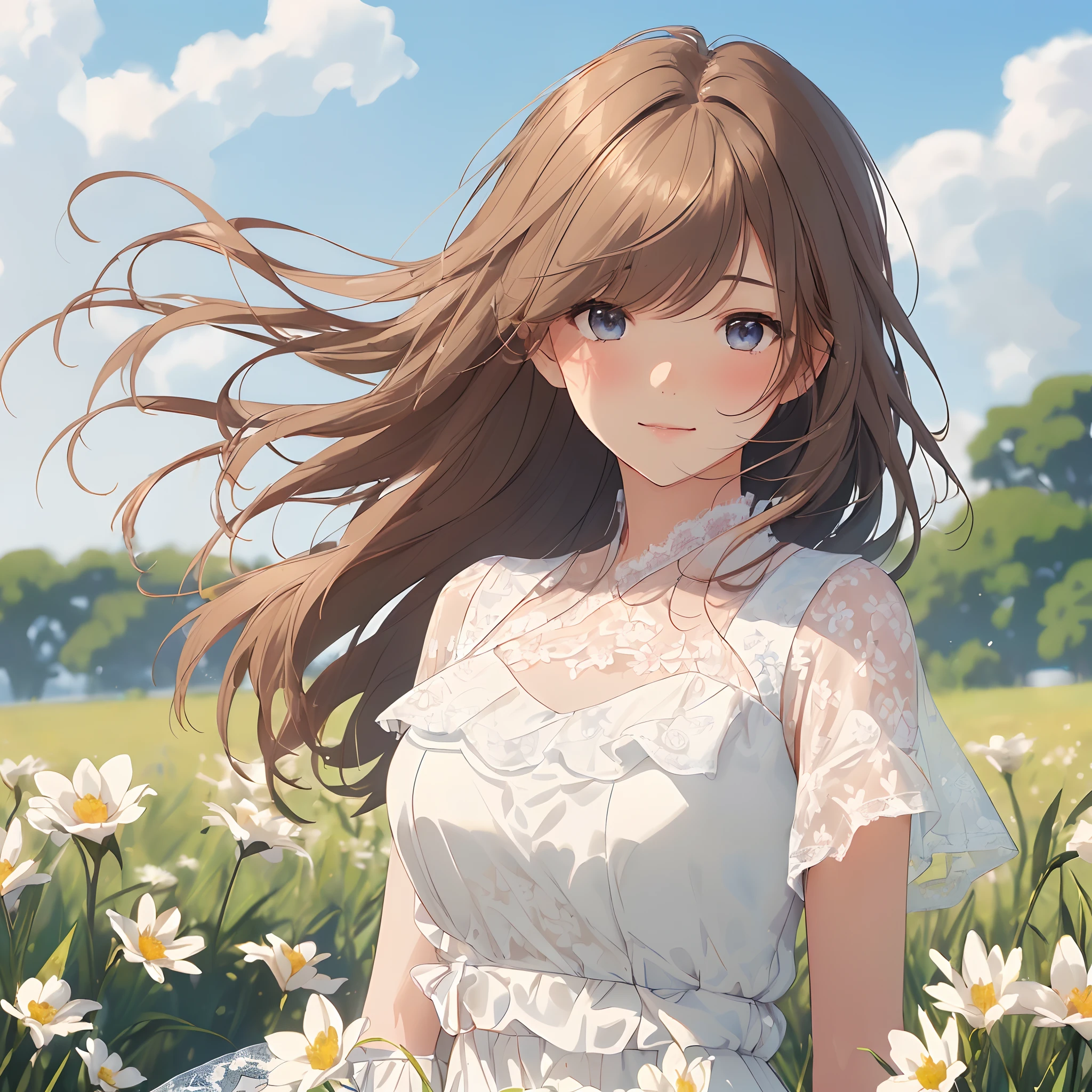 top-quality、​masterpiece、(1 adult female:1.3)、(Soft bust:1.2)、natural(huge tit)、slender、(View landscape:1.3)、(Seen from the side)、(Kamimei)、(thin and simple white lace dress:1.2)、Brown hair、(Hair is tied back)、(Hair fluttering in the wind:1.3)、Dark blue eyes、(Highlights in the eyes)、(Look at viewers:1.2)、de pele branca、red blush、A slight smil、(blue-sky:1.3)、(Grassland)、(Avoid the background around the upper body:1.3)、(Blur the background a lot to make the woman stand out:1.3)、beautiful lemon-colored flowers