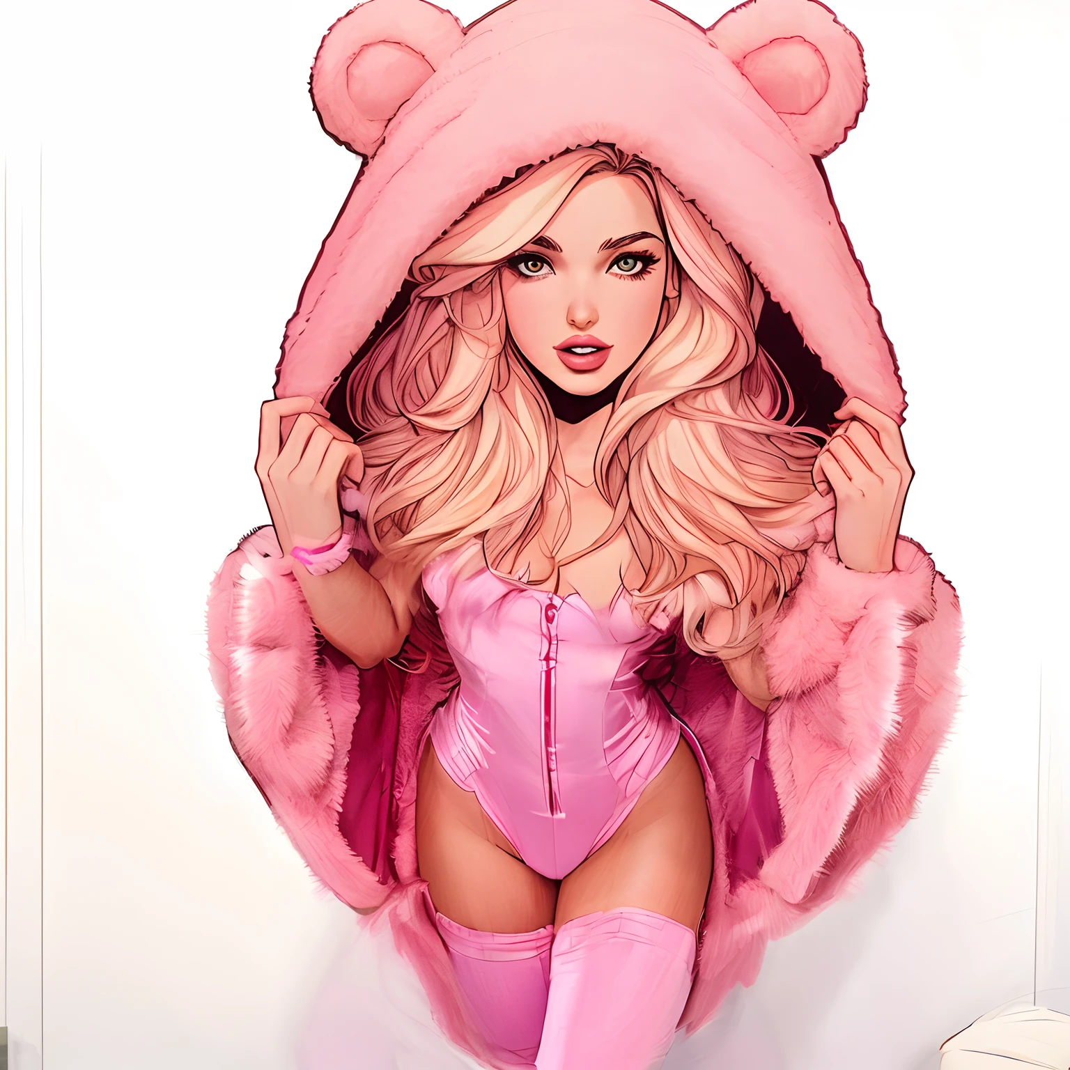 de cabelo loiro no traje superheroico do urso cor-de-rosa com capuz, betty cooper, com capuz, milo style manara moebius crepax Adam Hughes, estilo artgerm, pink iconic character, Emma Geada, Artgerm Greg Rutkowski _ Greg, trending artgerm, Estilo Ross Tran, black canary