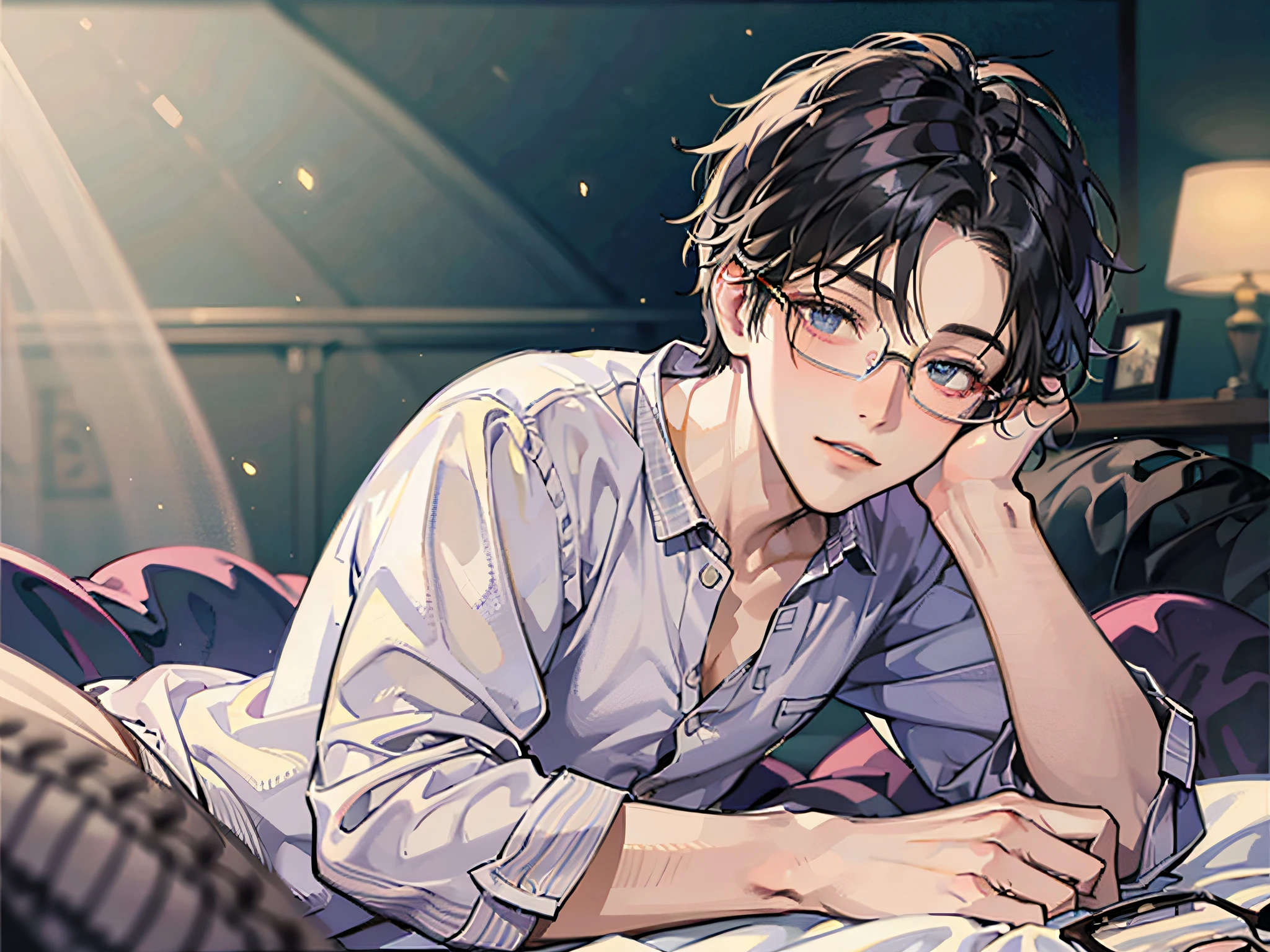 masutepiece, Best Quality, Boy in pajamas lying on bed, Solo, Short hair, finely eye and detailed face, Dark midnight background, Dimly lit bedroom, Glasses, resting on a pillow, Head on pillow, From Side, look at viewr, full-body view,Dynamic Angle,Hairstyle a little longer