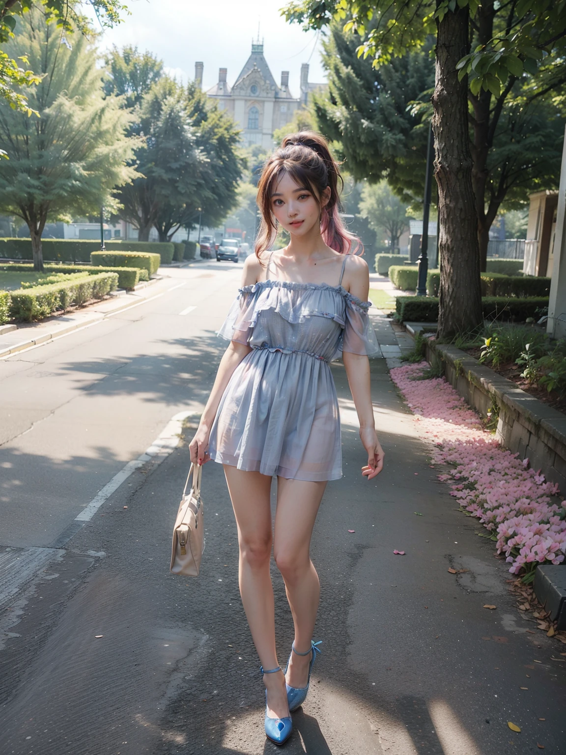 18 years old, very small head)), Daylight, sunlight, (perfect body: 1.1), (short wavy hair: 1.2), dark brown hair, (Pink and blue mesh hair , Fine mesh), (Front photo of standing full body), (pink silk mini dress), (High heels shoes), (sweat), (in the park), (highly detailed 8k CG wallpaper), (extremely delicate and beautiful), (Masterpiece), (Best quality: 1.0), (超 high resolution: 1.0), (realistic), Beautiful lightning bolts, Perfect lightning bolts, Realistic shadows, (High resolution), Detailed skin, Ultra detailed , slim body), ( beautiful hair), real hair, detailed hair, (high ponytail), thin collarbone, beautiful breasts, blush, photorealistic, realistic face, realistic eyes, small eyes, cute smile, ( ((colored)) ), (eyeliner), (mascara), (eyeshadow), (NSFW), (full body front photo standing in high heels)