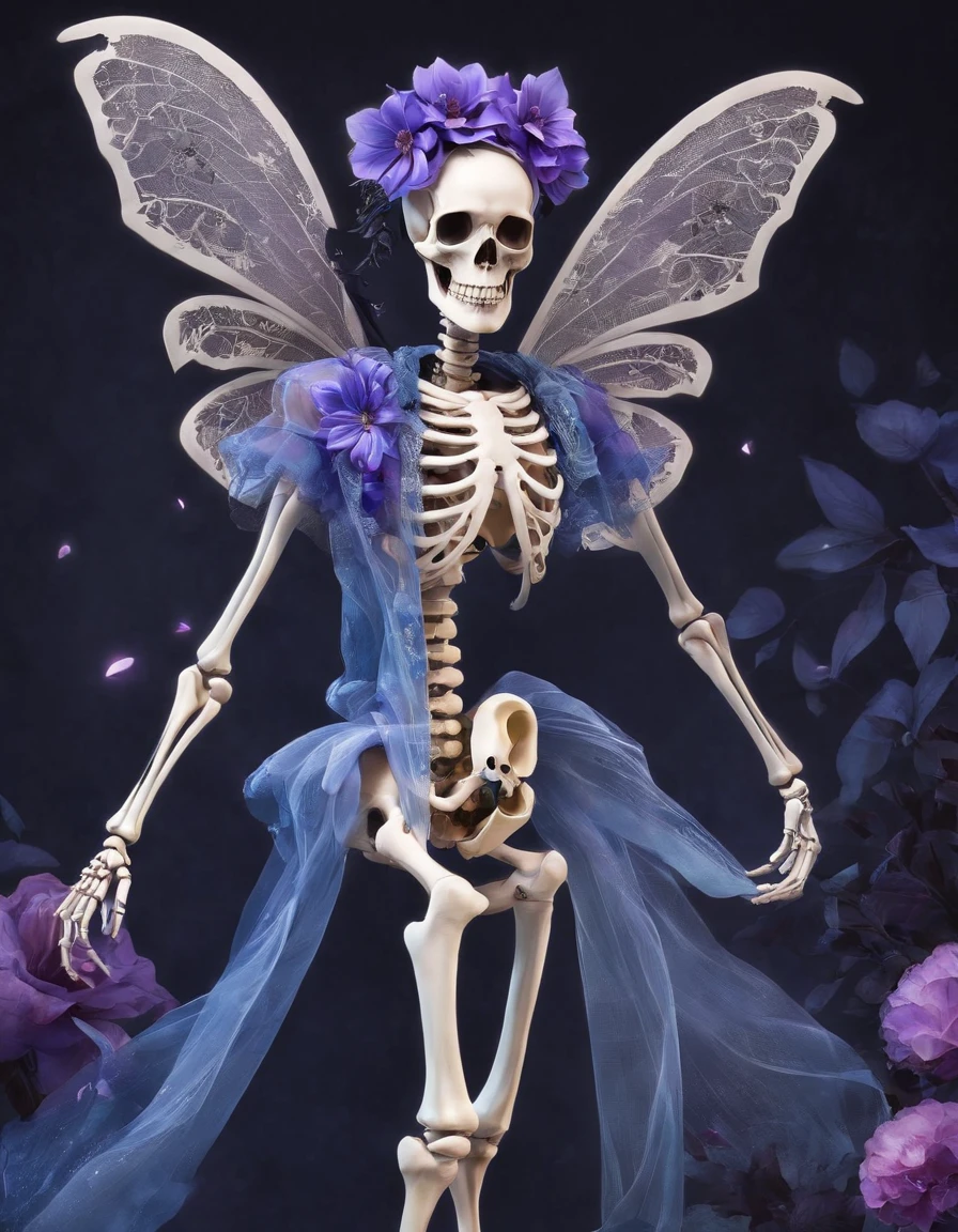 (Male skeletons with blue flowers on their heads and female skeletons in ballet dresses), ((( Skeleton ))), (Half-body skeleton,), , Love and death, (Tutu dress:1.1),(flowers grow from the body:1.37), (Perfect bone structure:1.37), skullgirls, ska skeleton and girlfriend,, (Hug pose:1.37), skull bones flowers, Pedras preciosas,fresh flowers,butterflys,Butterfly,
surrealism,Imaginative,Fever-Dream,impossible,Dark fantasy,Bejeweled,Ultra-sharp details
background:Blue-purple night sky