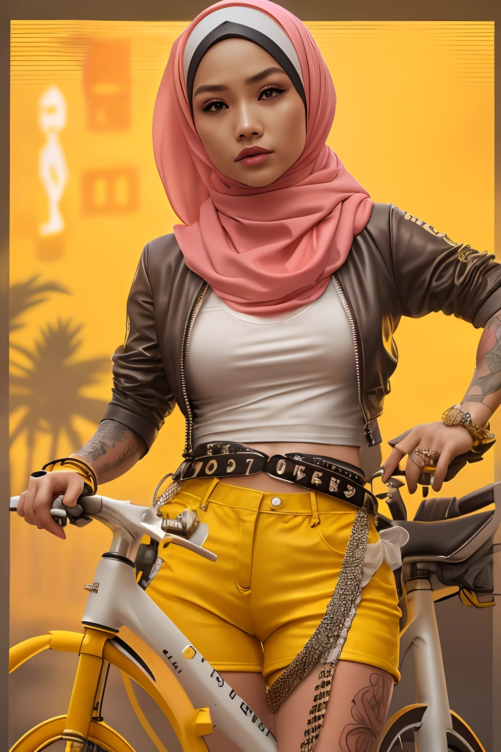 a malay woman in hijab and a white top and pink shorts is standing next to a bike with a yellow background and, by Quentin Tarantino, 1girl, bracelet, yellow hijab, jewelry, letterboxed, lips, makeup, medium_breasts, midriff, nail_polish, navel, necklace, nose, orange_sky, pink_shorts, realistic, shorts, solo, sun, sunset, tattoo, wristband, yellow_background, yellow_sky, beautiful detailed glow, detailed, Cinematic light, intricate detail, highres, detailed facial features, high detail, sharp focus, smooth, aesthetic, extremely detailed, stamp, octane render,