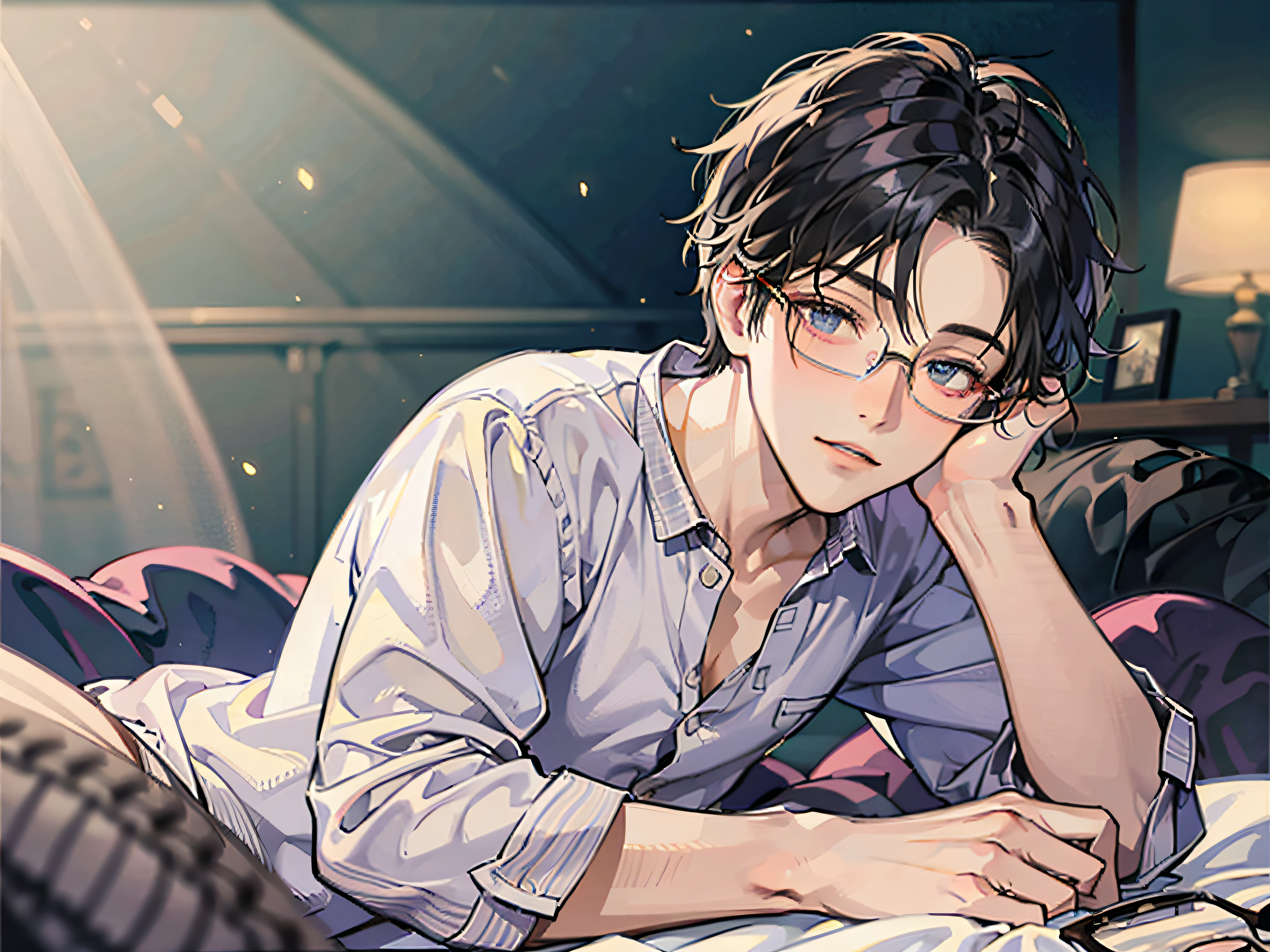 masutepiece, Best Quality, Boy in pajamas lying on bed, Solo, Short hair, finely eye and detailed face, Dark midnight background, Dimly lit bedroom, Glasses, resting on a pillow, Head on pillow, From Side, look at viewr, full-body view,Dynamic Angle,Hairstyle a little longer