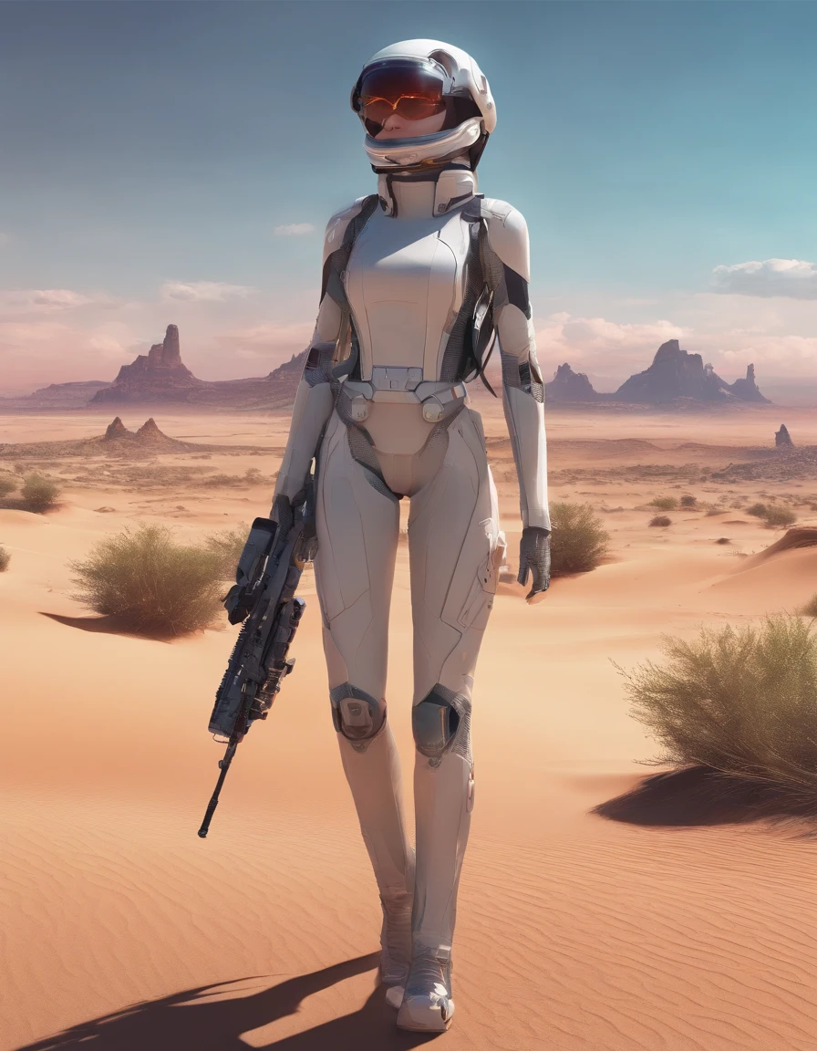 ((Best Quality)), ((masutepiece)), ((Realistic)), ((Best Quality)), ((masutepiece)), ((Realistic)), Girl Walking In The Desert, Looks tired, Wear loose clothing Long-sleeved shirt and trousers, Headgear, Sunglasses, Very beautiful, Natural and casual style at eye level, Scenic, masutepiece, (hight resolution), Original, extremely detailed 8K , (Photorealistic:1.4),face perfect, Perfect eyes,symmetrica body shape,Smile,