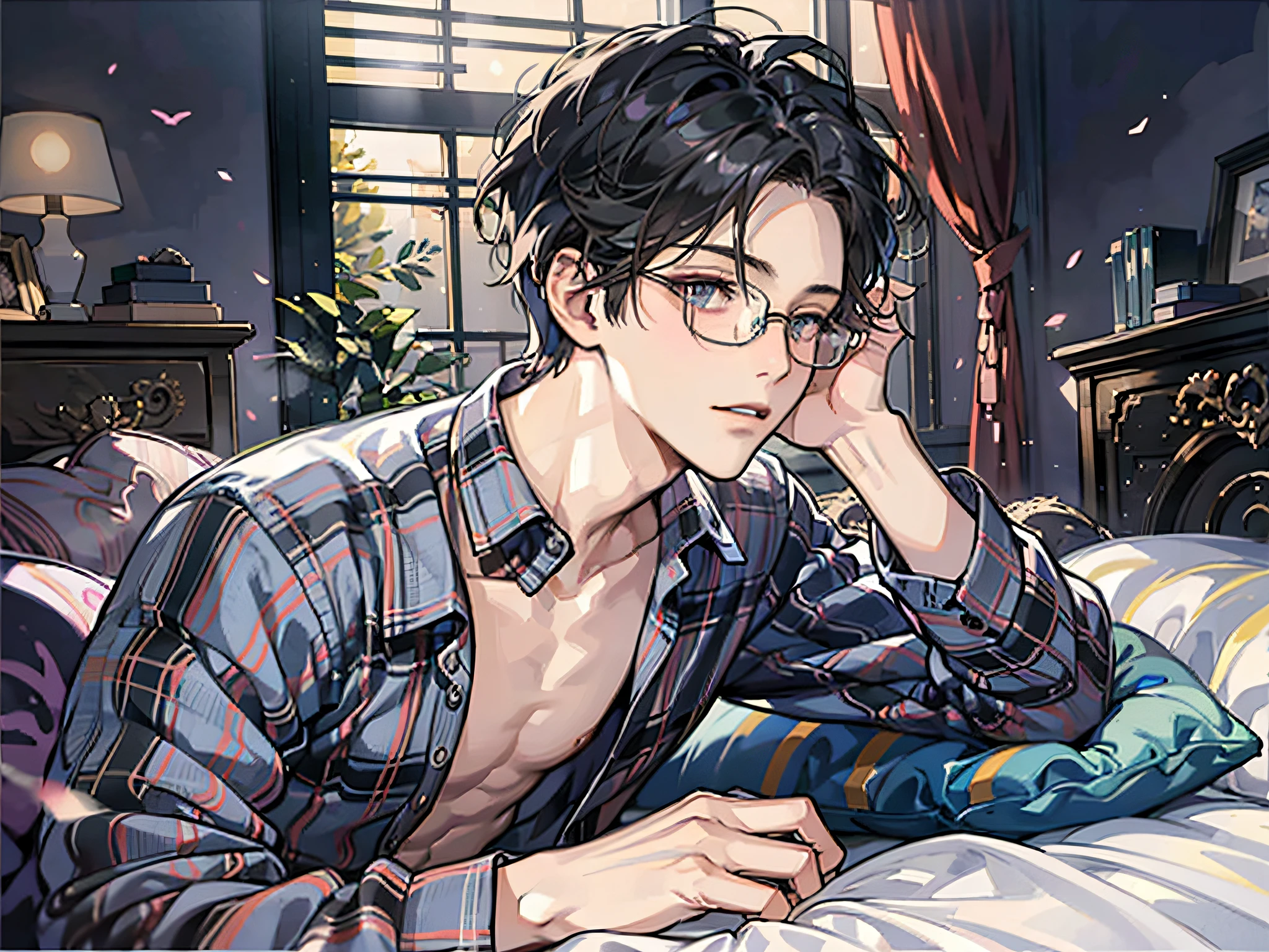 masutepiece, Best Quality, Boy in pajamas lying on bed, Solo, Short hair, finely eye and detailed face, Dark midnight background, Dimly lit bedroom, Glasses, resting on a pillow, Head on pillow, From Side, look at viewr, full-body view,Dynamic Angle,Hairstyle a little longer