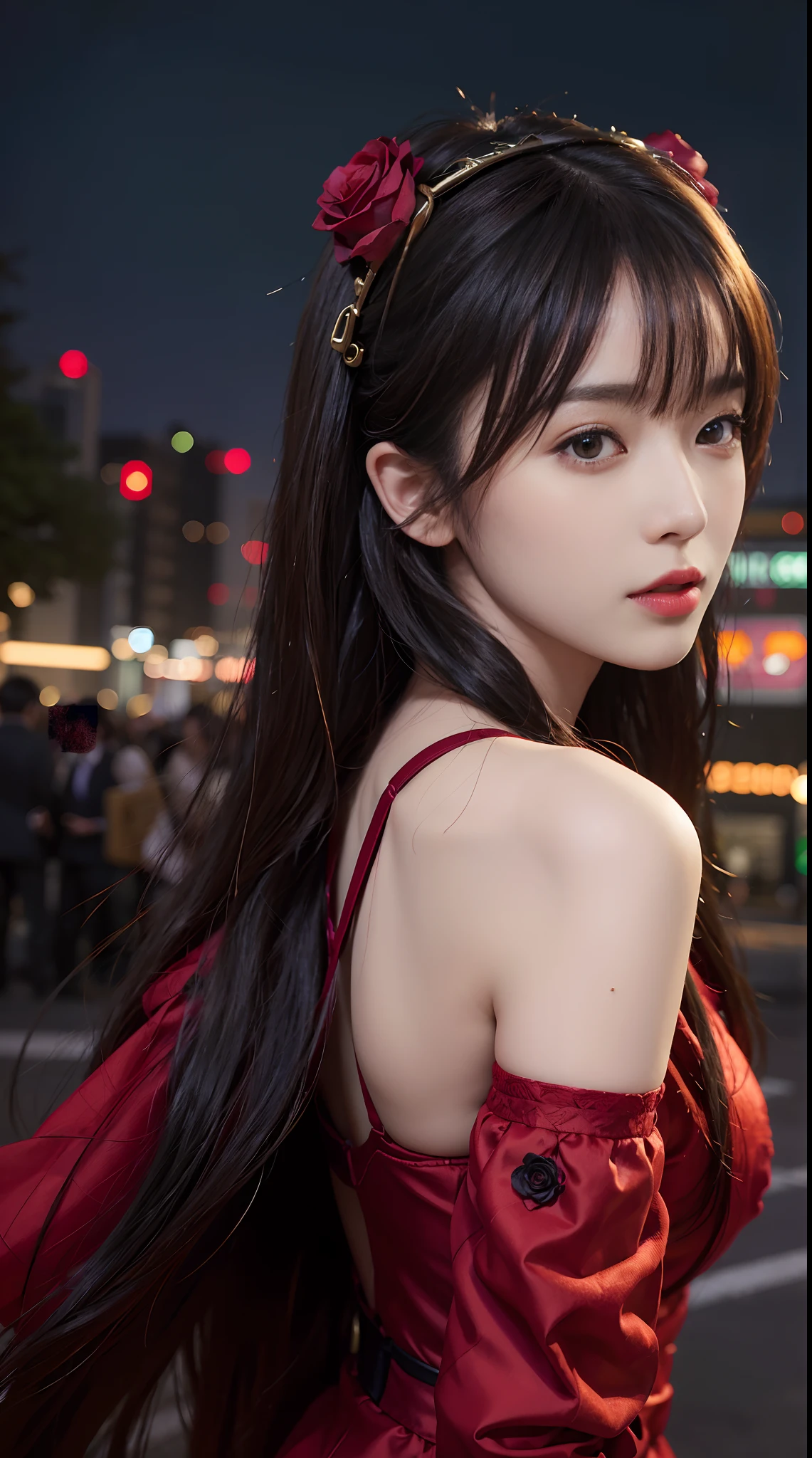 1girl, Tokyo street,night, cityscape,city lights, upper body,close-up, 8k, RAW photo, best quality, masterpiece,realistic, photo-realistic,headgear of red rose, parted bangs, long hair,