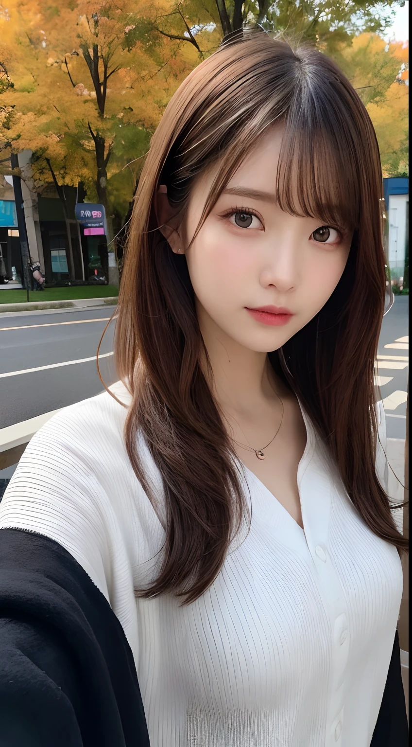 finely, High resolution, high quality、perfect dynamic composition, detailed and beautiful eyes, medium hair, 、natural color lip,Kamimei、Shibuya Ward、20 year old girl、1 person、transparent skin、shining hair、table top, 最high quality, Super detailed, finely, High resolution, 8K、correct state of the human body、squat、sculpture model pose,beautiful sunset,in front of the cafe,beautiful illumination,Shooting with hair blowing in the wind,Huge ,((wish、I can see the shape of the chest:1.5,long sleeve white shirt:1.5,denim pants:1.5,))
