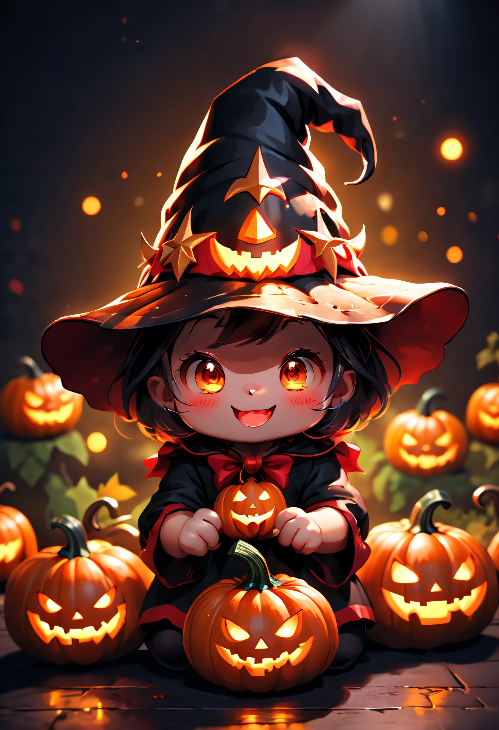 Halloween pumpkin, master works, the best picture quality, higher quality, super high resolution, 8k resolution, high detail, first person perspective, fresh illustration style, cute, lovely happy, pumpkin head set, wonderful magic hat, little devil Angle, flashing light, black and red color, night background