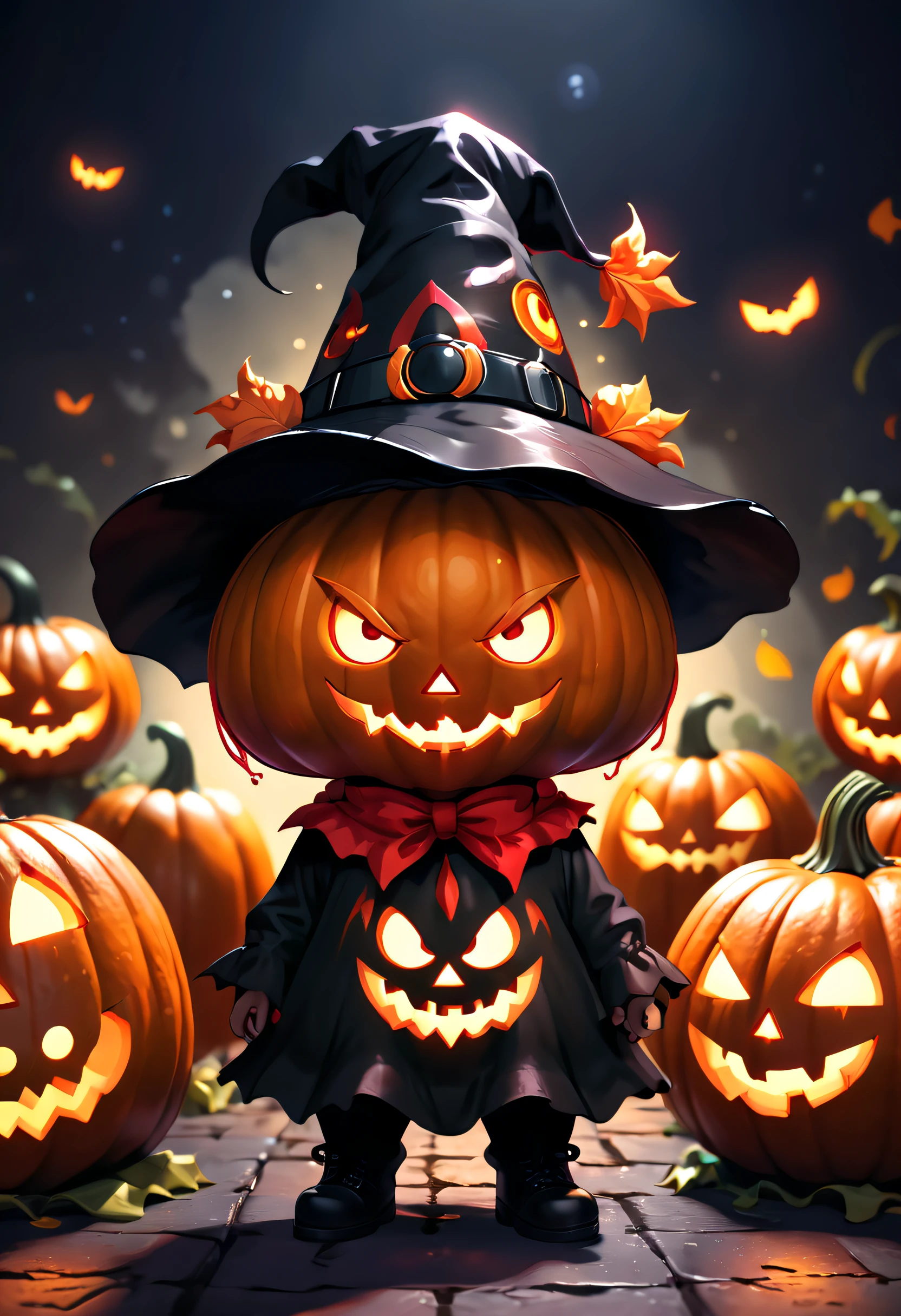 Halloween pumpkin, master works, the best picture quality, higher quality, super high resolution, 8k resolution, high detail, first person perspective, fresh illustration style, cute, lovely happy, pumpkin head set, wonderful magic hat, little devil Angle, flashing light, black and red color, night background