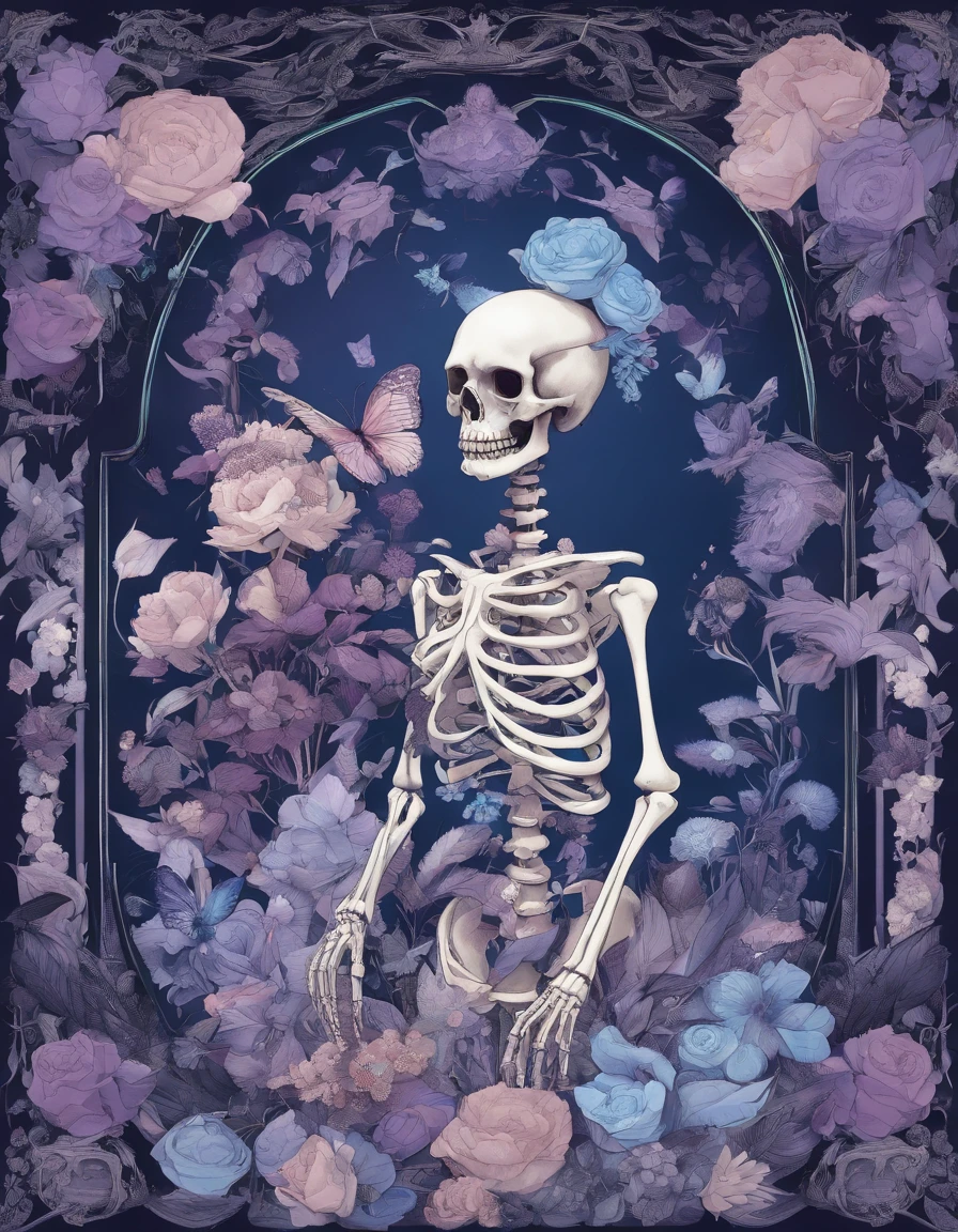 skeleton with flowers in her hair and a flower crown, skeleton girl, saint skeleton queen, metallic skeleton, thin skeleton, Her skeleton is beautiful, Fleshy Skeleton, ( ( ( skeleton ) ) ), textured detailed skeleton, Flowers grow from the body, Hauntingly Beautiful Zombies, half woman half skeleton, Unforgettable beautiful art, Anatomically perfect, female death