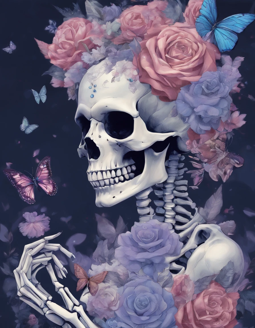 (Male skeletons with blue flowers on their heads and female skeletons in ballet dresses), ((( Skeleton ))), (Half-body skeleton,), , Love and death, (Tutu dress:1.1),(flowers grow from the body:1.37), (Perfect bone structure:1.37), skullgirls, ska skeleton and girlfriend,, (Hug pose:1.37), skull bones flowers, Pedras preciosas,fresh flowers,butterflys,Butterfly,
surrealism,Imaginative,Fever-Dream,impossible,Dark fantasy,Bejeweled,Ultra-sharp details
background:Blue-purple night sky