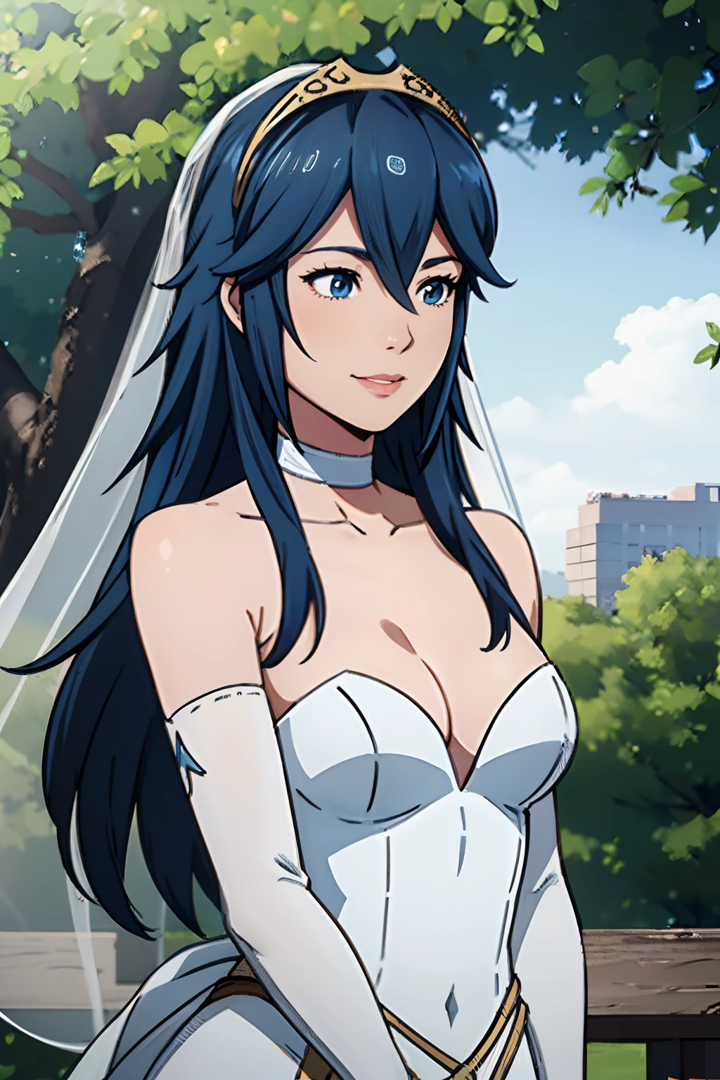 lucina fe, hair between eyes, ahoge, blue hair, star \(symbol\), hair ornament, dress, cleavage, bare shoulders, collarbone, long white elbow gloves, white gloves, white dress, white choker, strapless, tiara, veil, strapless dress, wedding dress, bridal veil, beautiful woman, perfect body, perfect breasts, wearing a wedding dress, ball gown, in the park trees, wedding decorations, a in love smile, realism, masterpiece, textured skin, super detail, high detail, high quality, best quality, 1080p, 16k