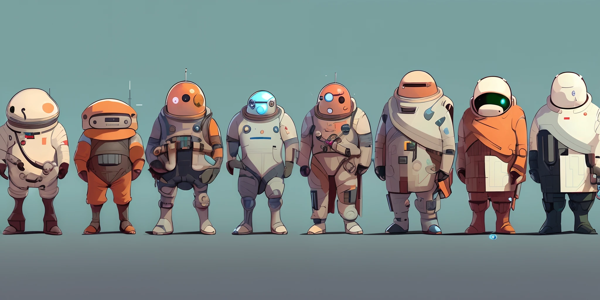 arafed image of a group of people in space suits, in style of baymax, sci fi characters, high quality character design, game character concept art, character concept design, very stylized character design, stylized character design, video game characters designs, character design concept art, video game character design, character design concept, full character concept art