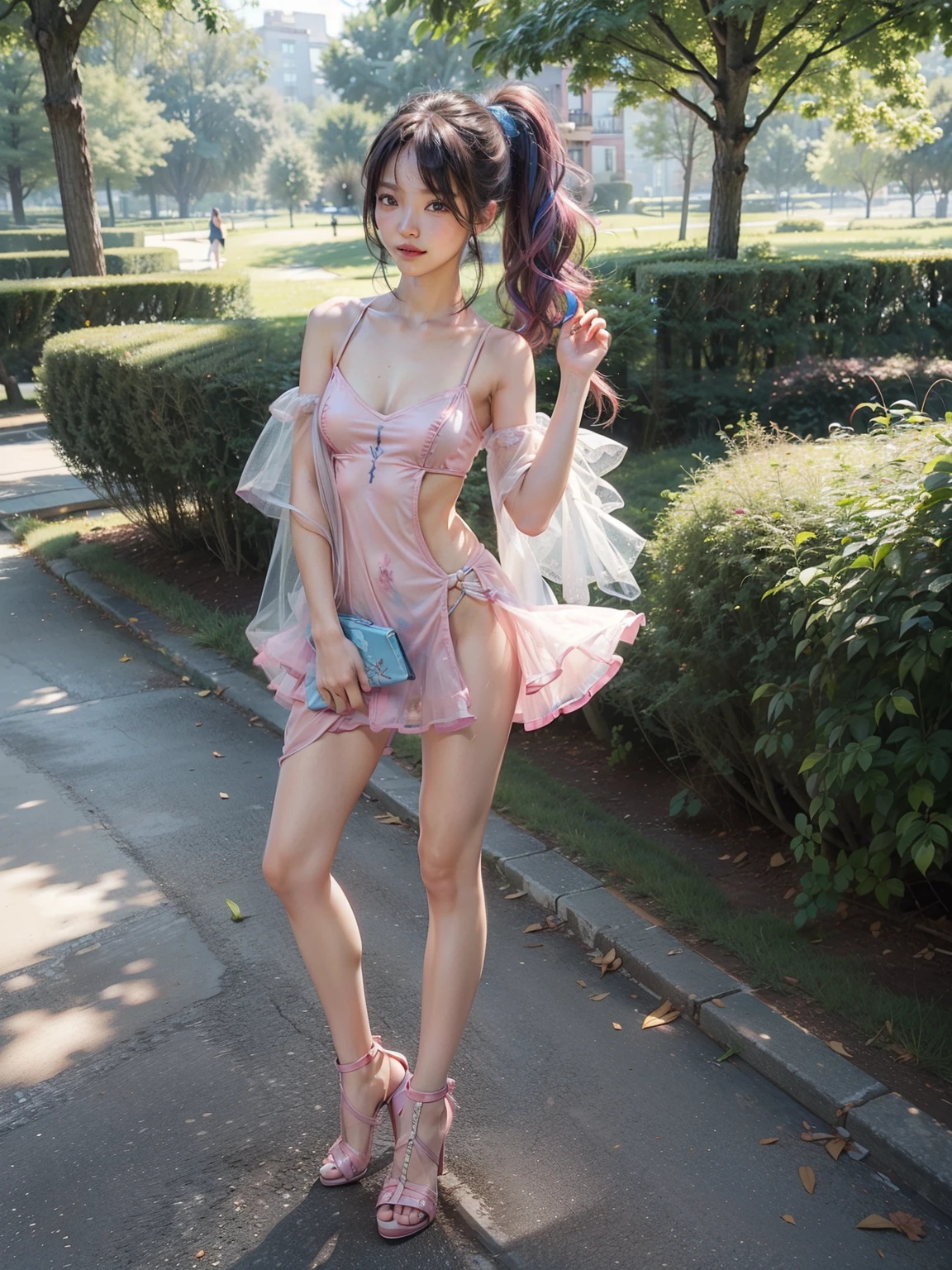 18 years old, very small head)), Daylight, sunlight, (perfect body: 1.1), (short wavy hair: 1.2), dark brown hair, (Pink and blue mesh hair, Fine mesh), (Photo standing full body front view), (silk pink mini dress), (high heels shoes), (sweat), (in the park), (highly detailed 8k CG wallpaper), (extremely delicate and beautiful), (Masterpiece), (Best quality: 1.0), (超 high resolution: 1.0), (realistic), Beautiful lightning bolts, Perfect lightning bolts, Realistic shadows, (High resolution), Detailed skin, Ultra detailed, slim body), ( beautiful hair), real hair, detailed hair, (high ponytail), slim collarbone, beautiful breasts, blush, photorealistic, realistic face, realistic eyes, small eyes, cute smile, ( ((colored))), (eyeliner) , (mascara), (eyeshadow), (NSFW), (full body front photo standing in high heels)