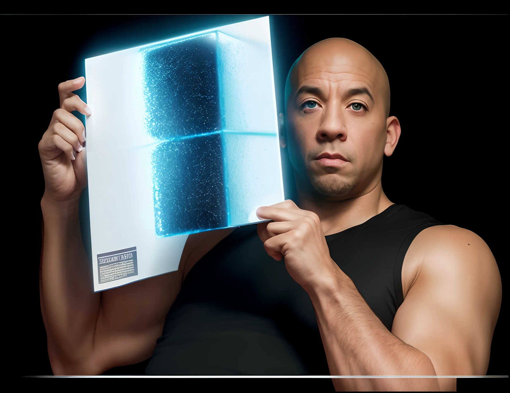 Vin diesel holding a poster with a picture of a cube, screenshot from a movie, lightroom, ultra-detailed photography portrait, synthwave style