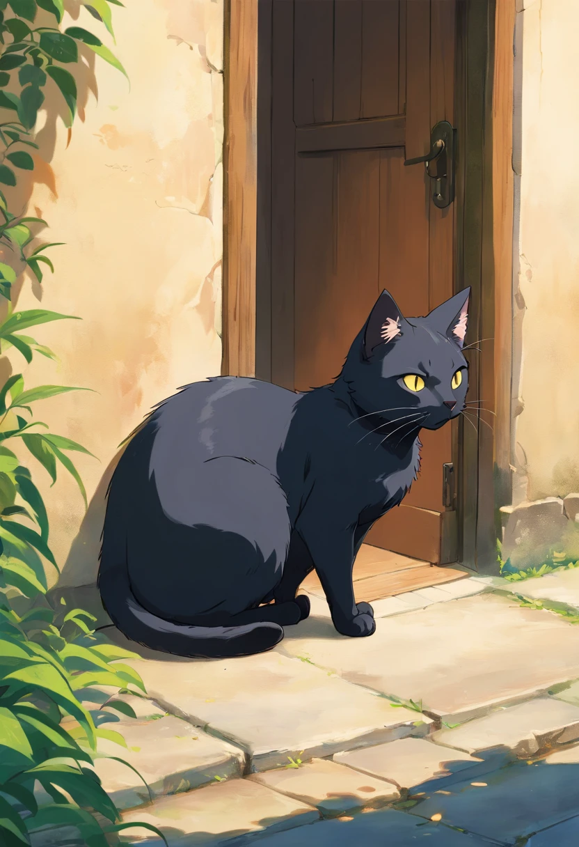 a black stray cat, black cat, stray cat, (((full stomach))), leaning on wall