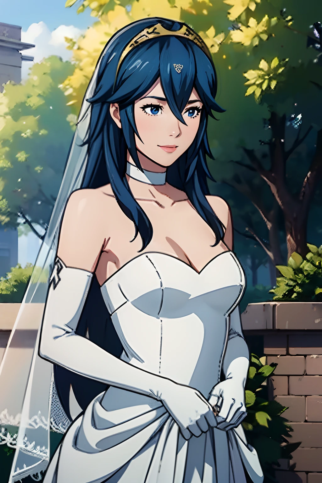 lucina fe, hair between eyes, ahoge, blue hair, star \(symbol\), hair ornament, dress, cleavage, bare shoulders, collarbone, long white elbow gloves, white gloves, white dress, white choker, strapless, tiara, veil, strapless dress, wedding dress, bridal veil, beautiful woman, perfect body, perfect breasts, wearing a wedding dress, ball gown, in the park trees, wedding decorations, a in love smile, realism, masterpiece, textured skin, super detail, high detail, high quality, best quality, 1080p, 16k