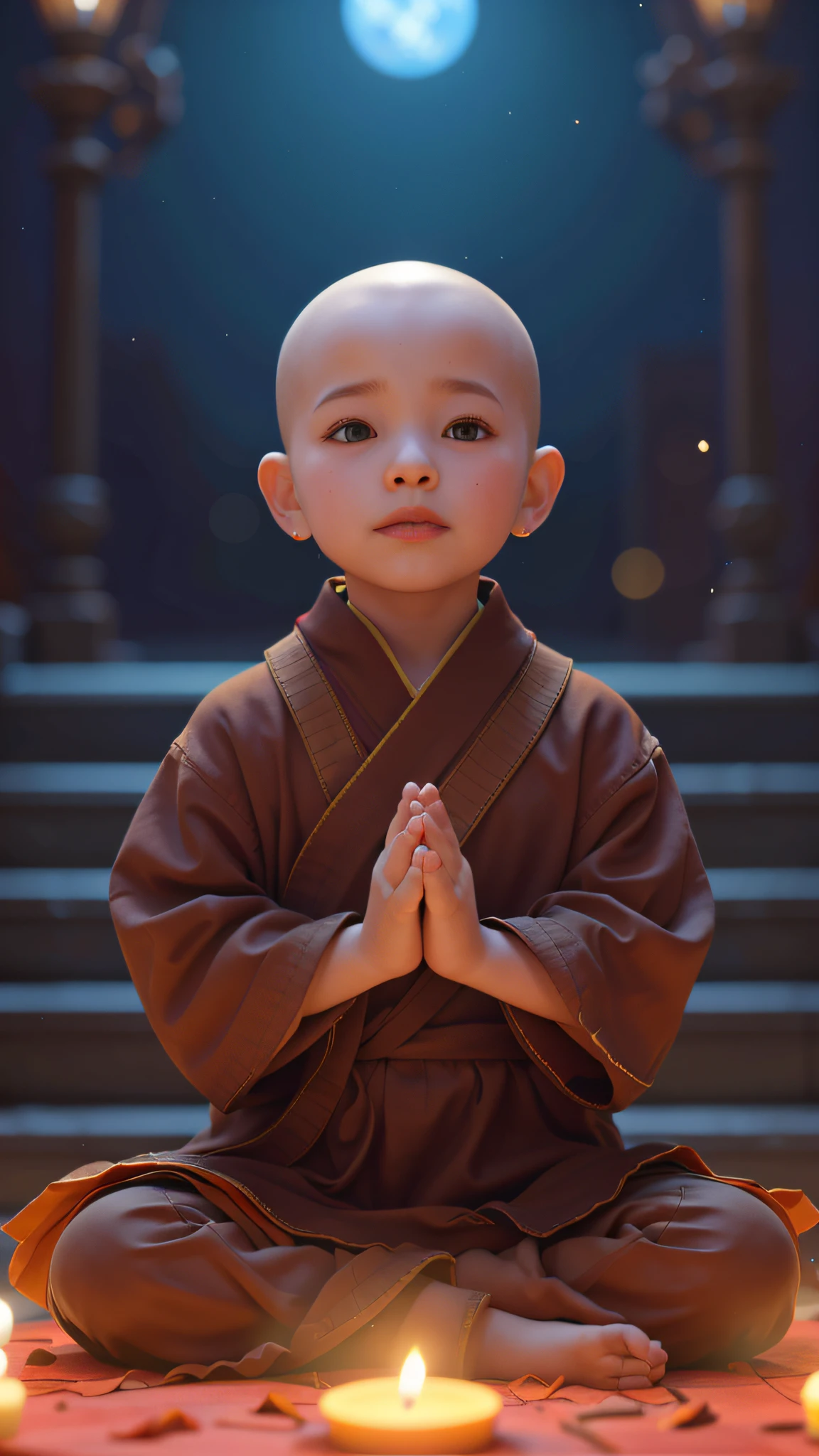 The sits on the ground,There is a candle in front of him, Cute digital painting, childrens art in artstation, wojtek fus, Ross Tran 8 K, Personagem pequeno. Unreal Engine 5, Rosla global lighting, 3 D rendering character art 8 K, concept art of a monk, smooth 3d cg render, he is greeting you warmly