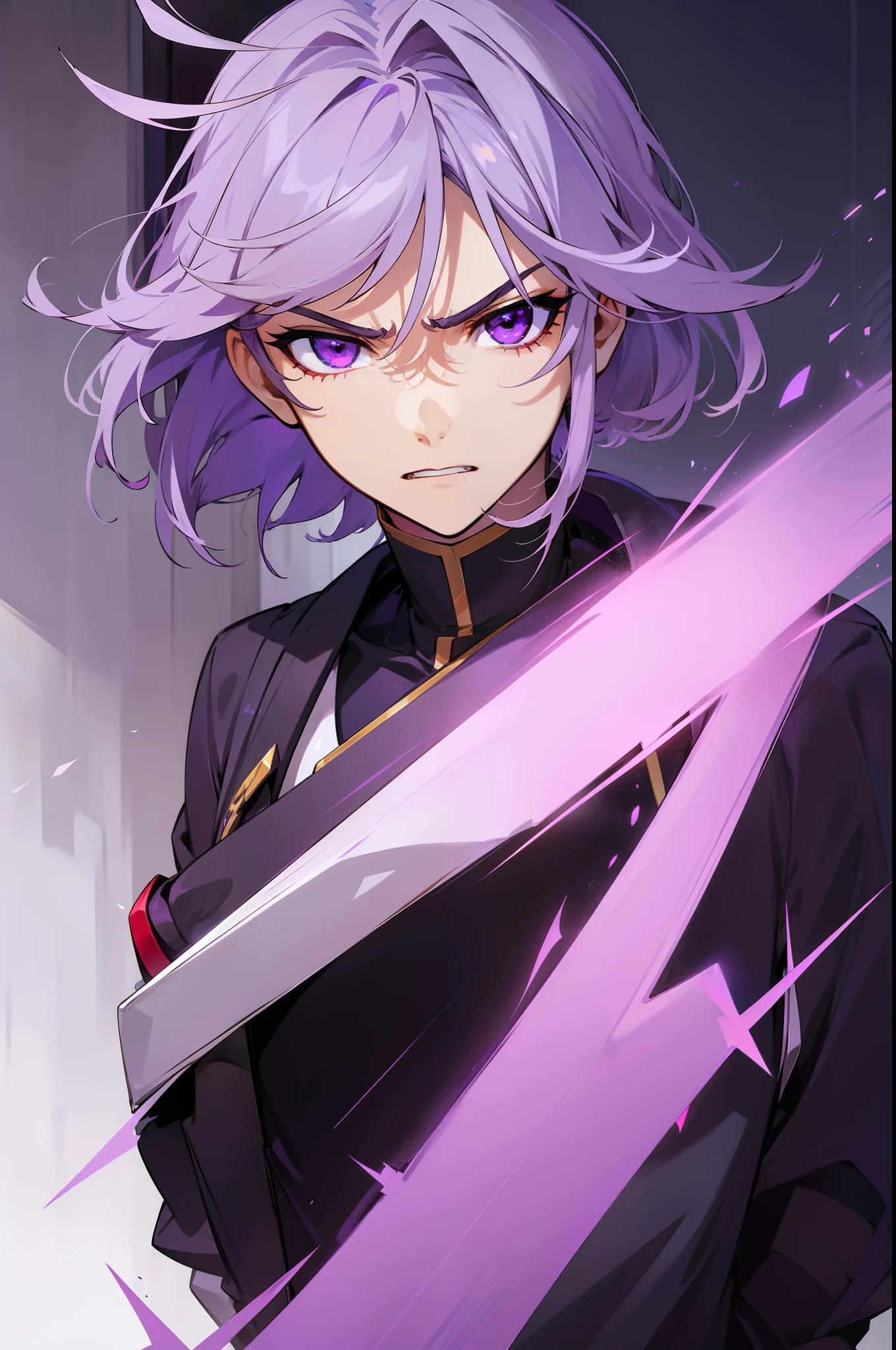 A-drei, valvrave the liberator, sharp purple eyes, lilac-gray hair, His left eye is obscured by his hair bangs, braided on bob hair, short hair, opened mouth, Angry face.