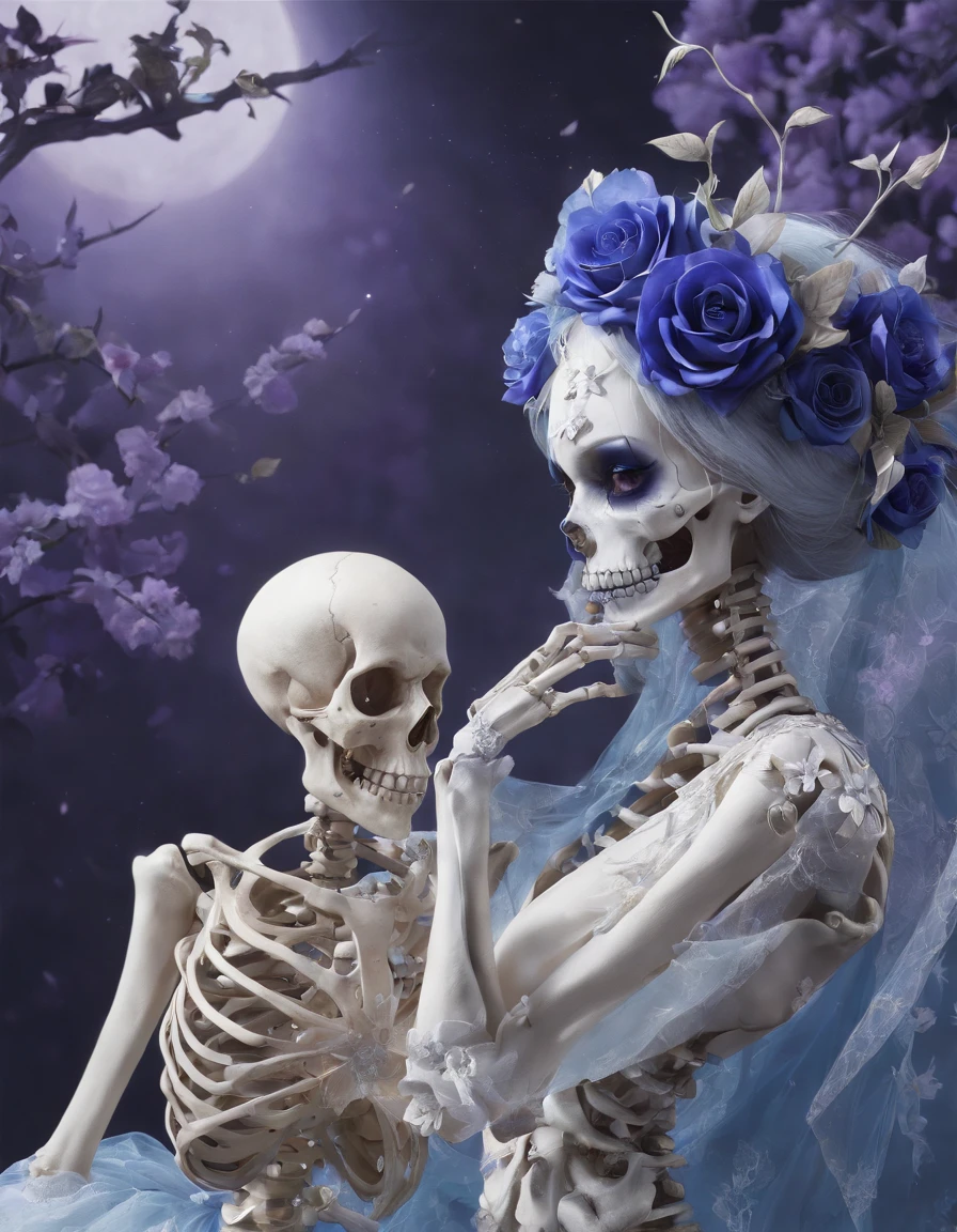（Male skeleton with blue flowers on their heads and female skeleton wearing haute couture wedding dress), ((( Skeleton ))), （Half-body skeleton,）, , Love and death, （Tutu dress：1.1），（flowers grow from the body：1.37）, （Perfect bone structure：1.37）, skullgirls, ska skeleton and girlfriend,, （Hug pose：1.37）, skull bones flowers, Pedras preciosas，fresh flowers，butterflys，Butterfly,
surrealism,Imaginative,Fever-Dream,impossible,Dark fantasy,Bejeweled,Ultra-sharp details
background：Blue-purple night sky