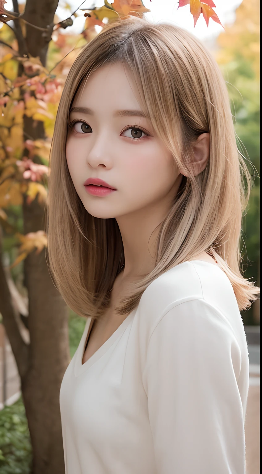 masutepiece, Best Quality, Illustration, Ultra-detailed, finely detail, hight resolution, 8K Wallpaper, Perfect dynamic composition, Beautiful detailed eyes, Women's Fashion Autumn,Medium Hair,Small breasts natural color lip,,Harajuku、20 years girl、Cute、Sexy shot looking at camera、autumnal、Wood Bright、Transparency、Sadness face、Bleach Color、Roots Color、Shador Arts、Color Sweep、Bleach Hair、Pink Beige Hair