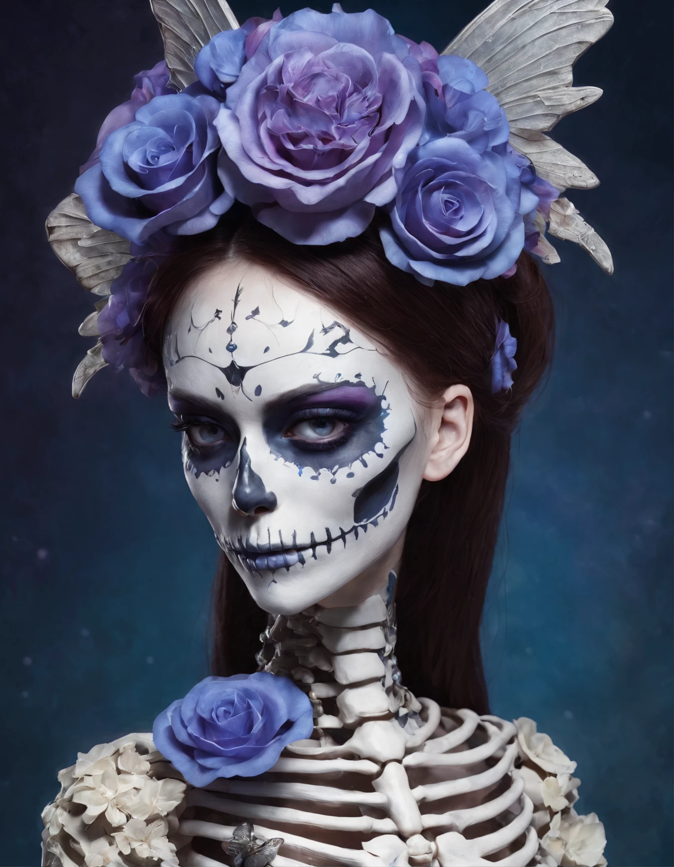 （A female skeleton wearing a ballet with blue flowers on her head), ((( Skeleton ))), （Half-body skeleton,）, , Love and death, （Tutu dress：1.1），（flowers grow from the body：1.37）, （Perfect bone structure：1.37）, skullgirls, ska skeleton and girlfriend,, （dancing posture：1.37）, skull bones flowers, Pedras preciosas，fresh flowers，butterflys，Butterfly,Bejeweled,Ultra-sharp details
surrealism,Imaginative,Fever-Dream,impossible,Dark fantasy,Bejeweled,Ultra-sharp details
background：Blue-purple night sky